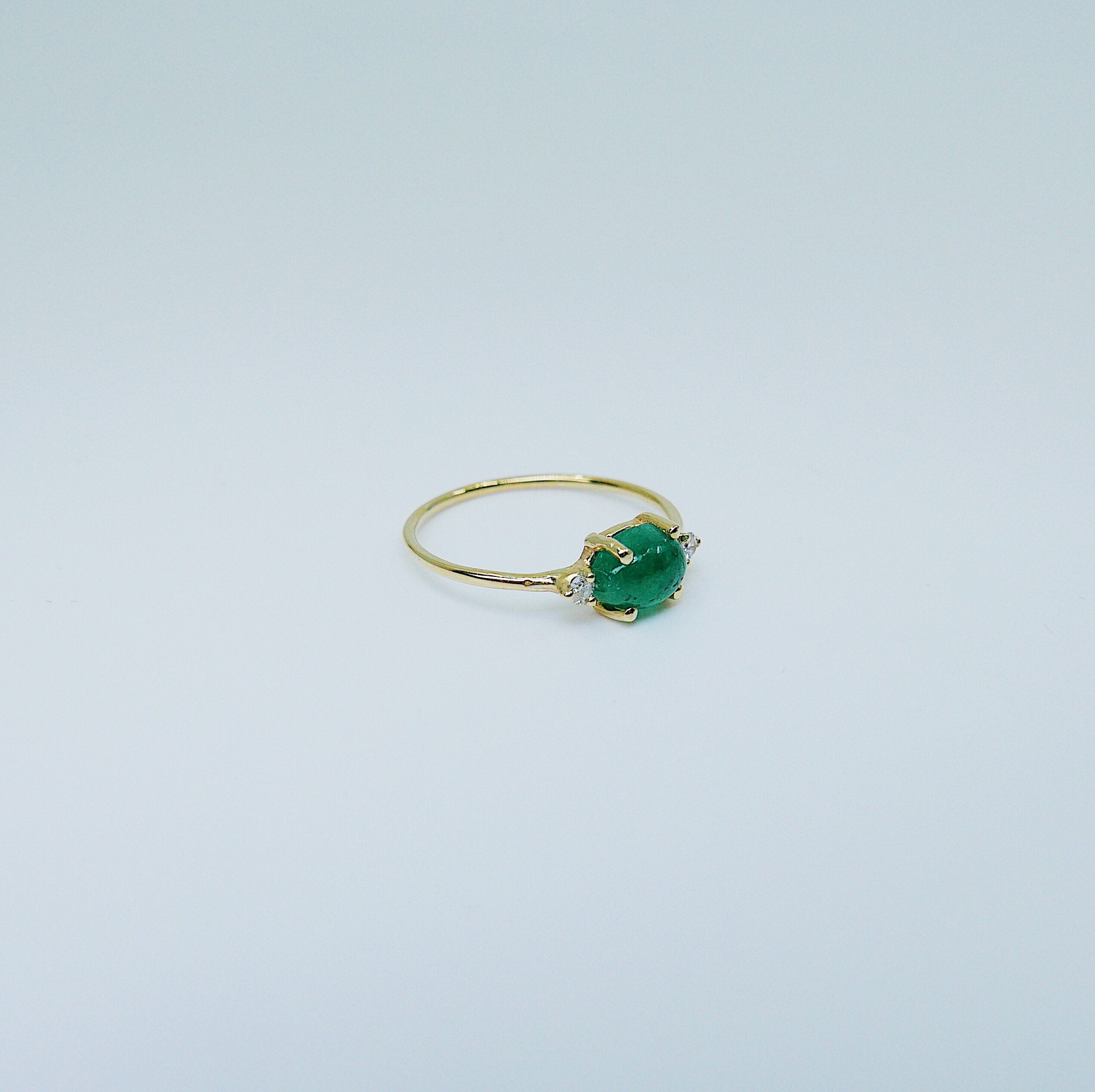 Oval Emerald ring, three stone ring, emerald and diamond ring, 14k gold emerald ring, emerald cabochon