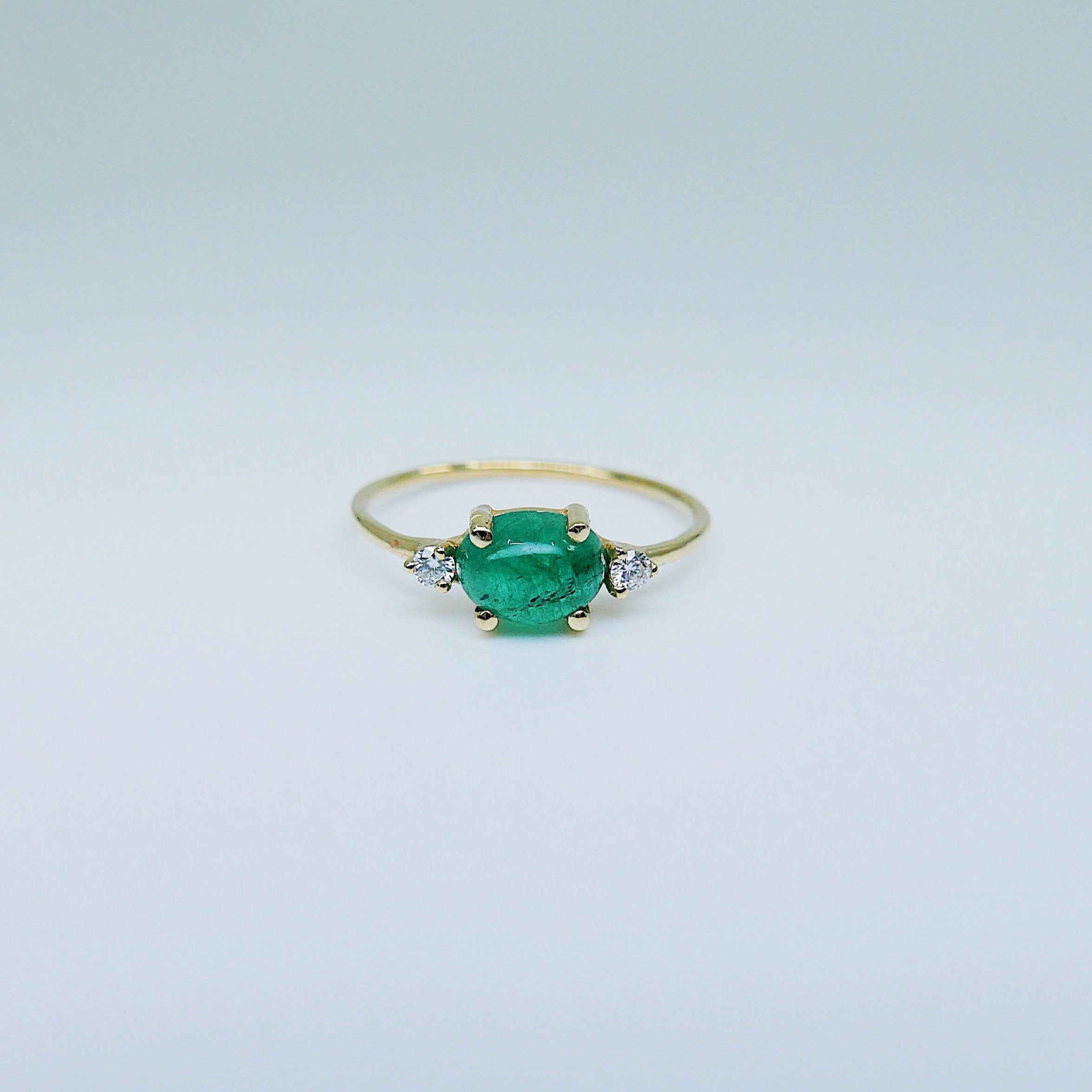 Oval Emerald ring, three stone ring, emerald and diamond ring, 14k gold emerald ring, emerald cabochon