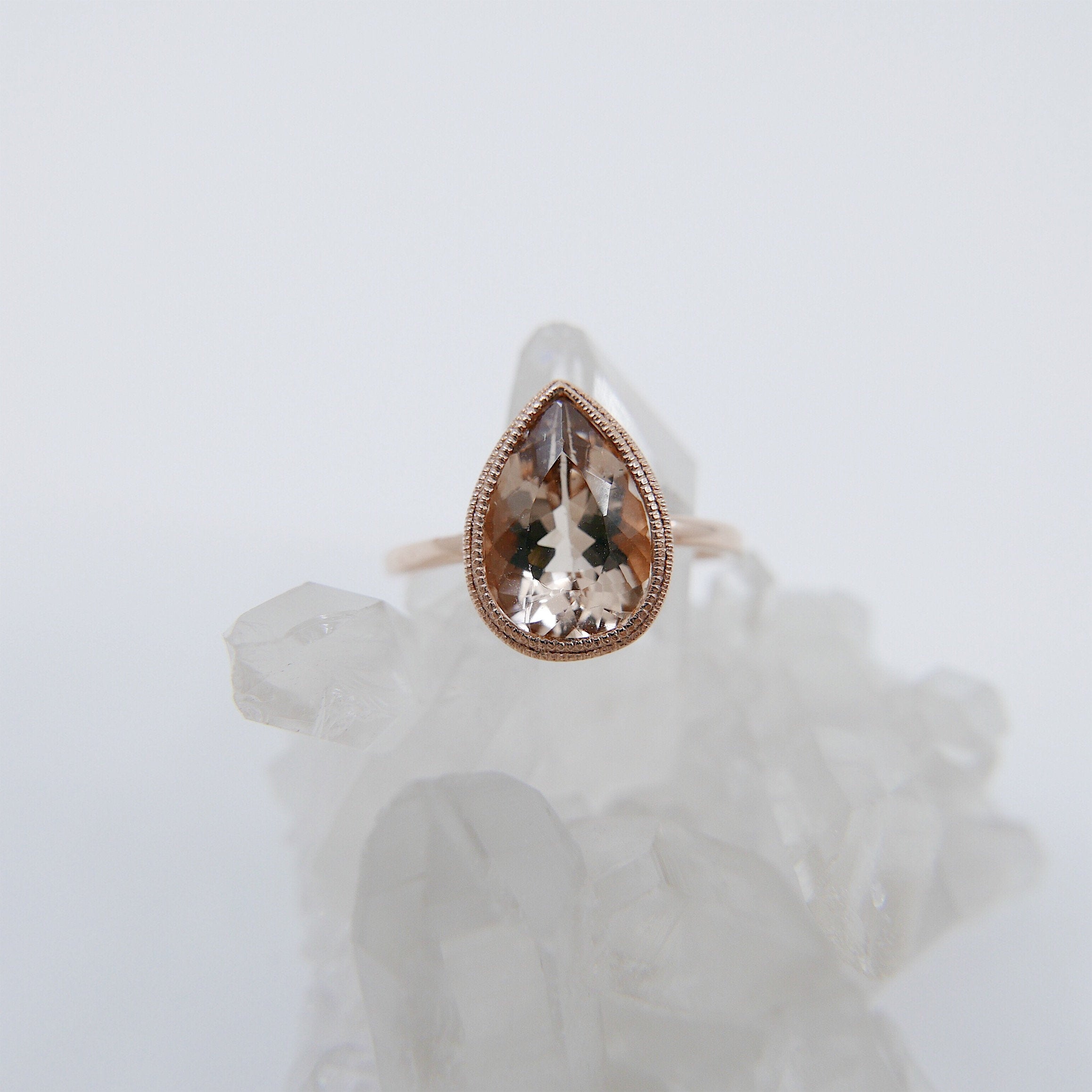 Pear morganite bezel ring, Morganite ring, gold solitaire ring, pear morganite ring, 14k gold simple bezel milgrain ring