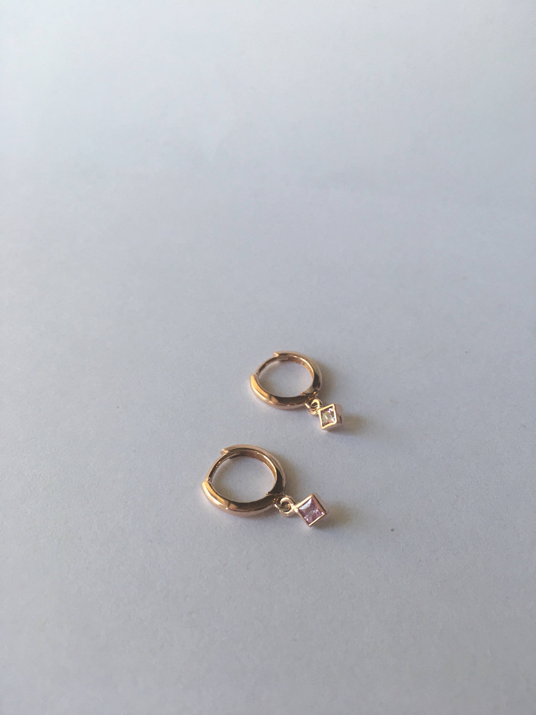 Small Princess cut pink sapphire charm hoop, small 14k gold sapphire hoop, pink sapphire hoop, hoops with bezel charms, square stone hoop