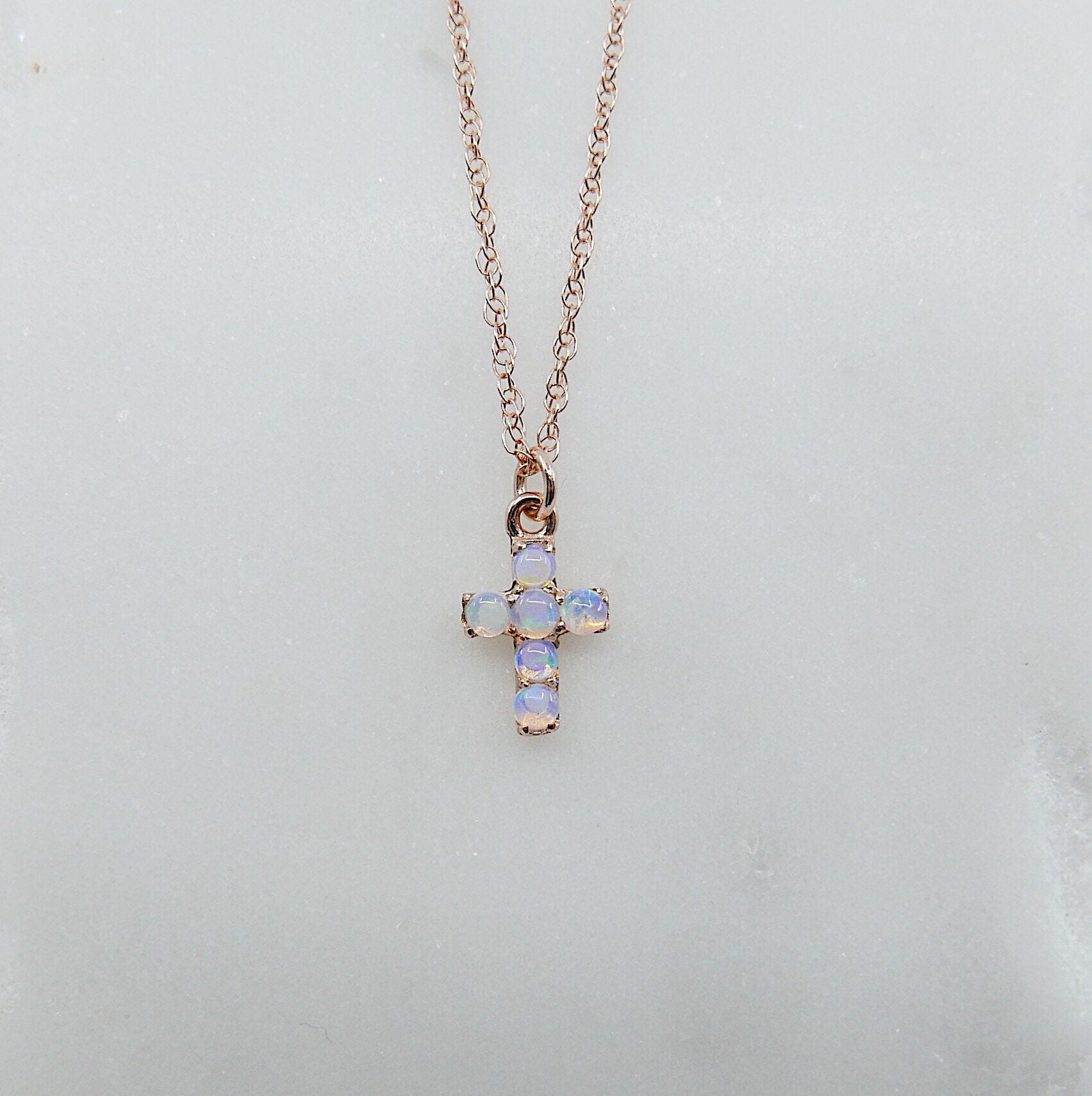 Cross Opal Necklace, 14k Gold Crucifix necklace, Small 14k cross necklace, opal cross, Dainty gold cross necklace