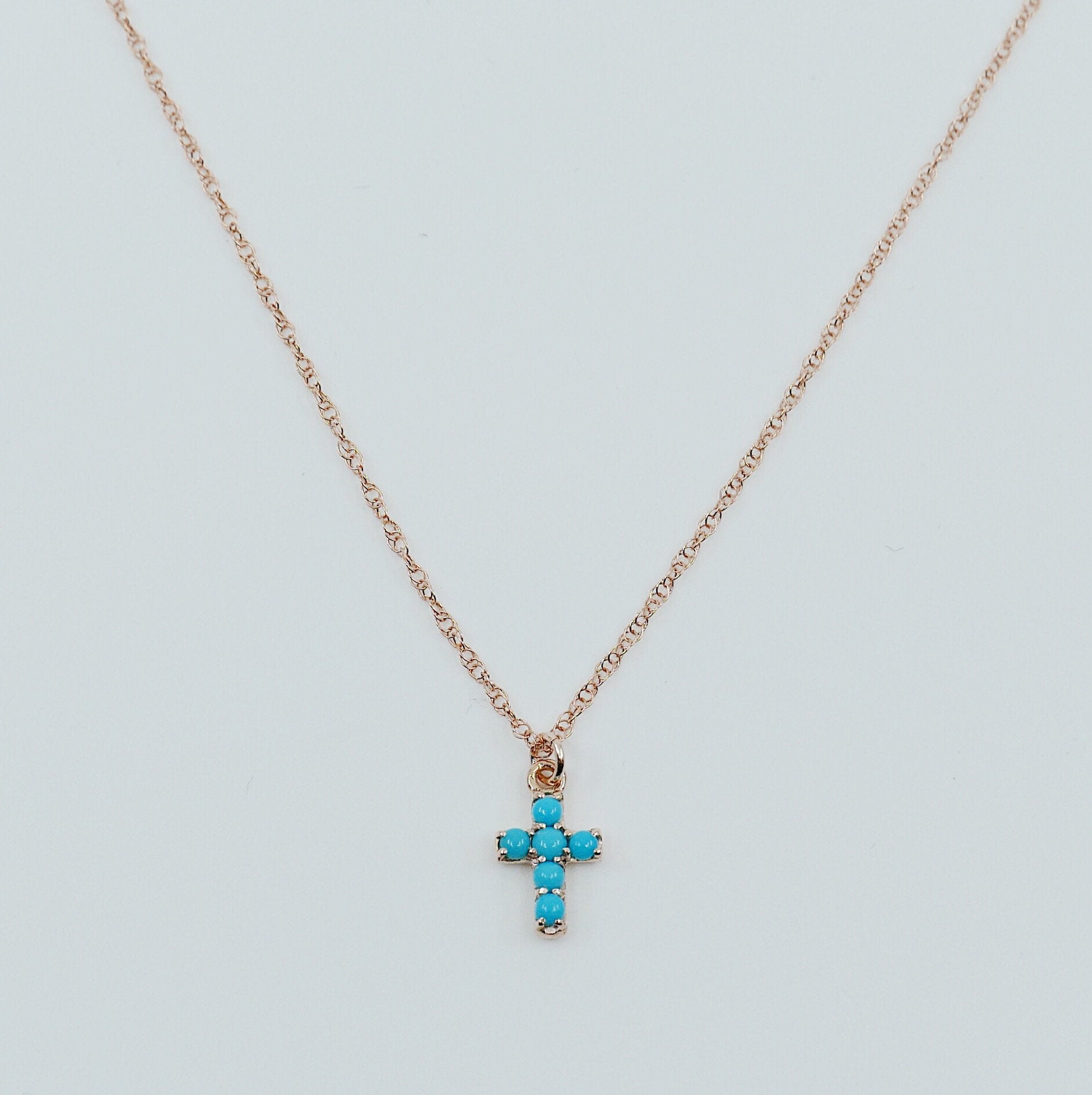 Cross Turquoise Necklace, 14k Gold Crucifix necklace, Small 14k cross necklace, Turquoise cross, Dainty gold cross necklace