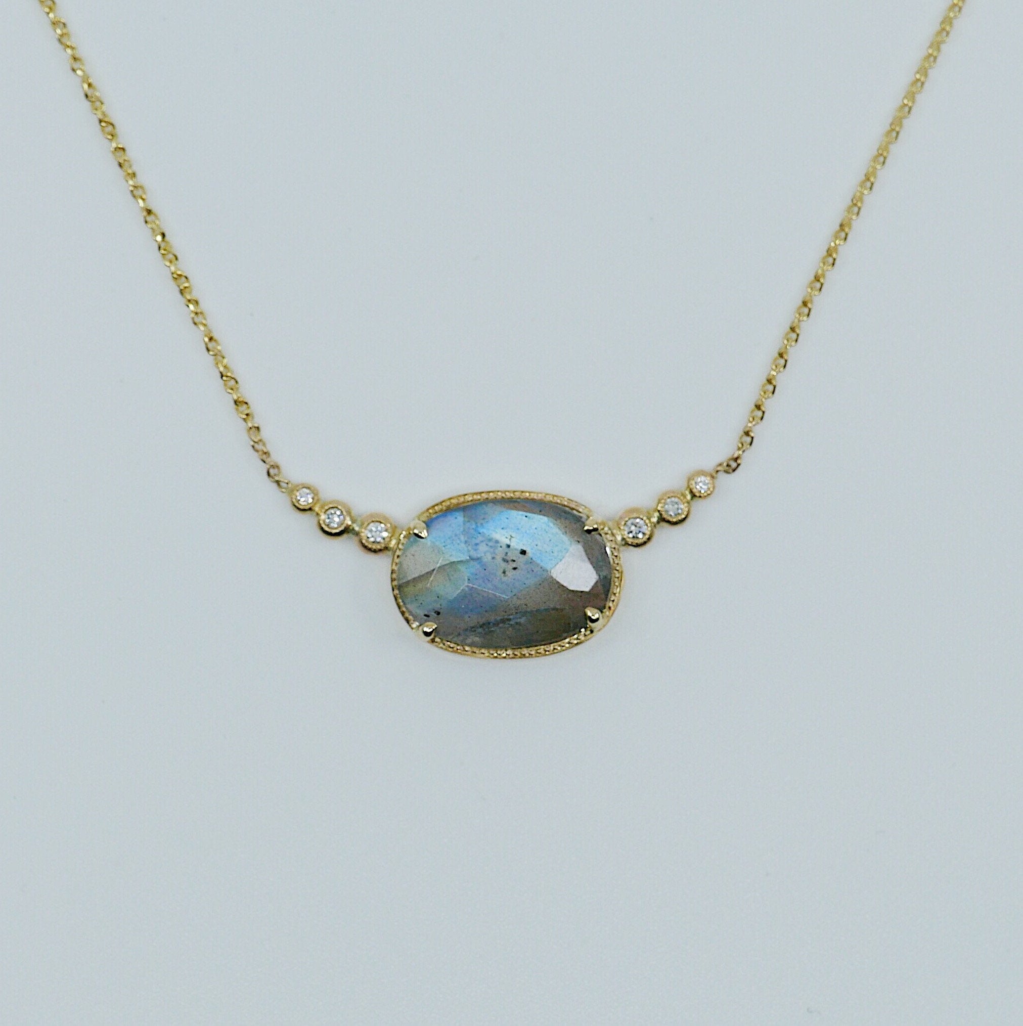 Ellipsis Labradorite and Diamond Necklace, One of a kind unique gold labradorite Necklace, blue labradorite necklace, diamond necklace