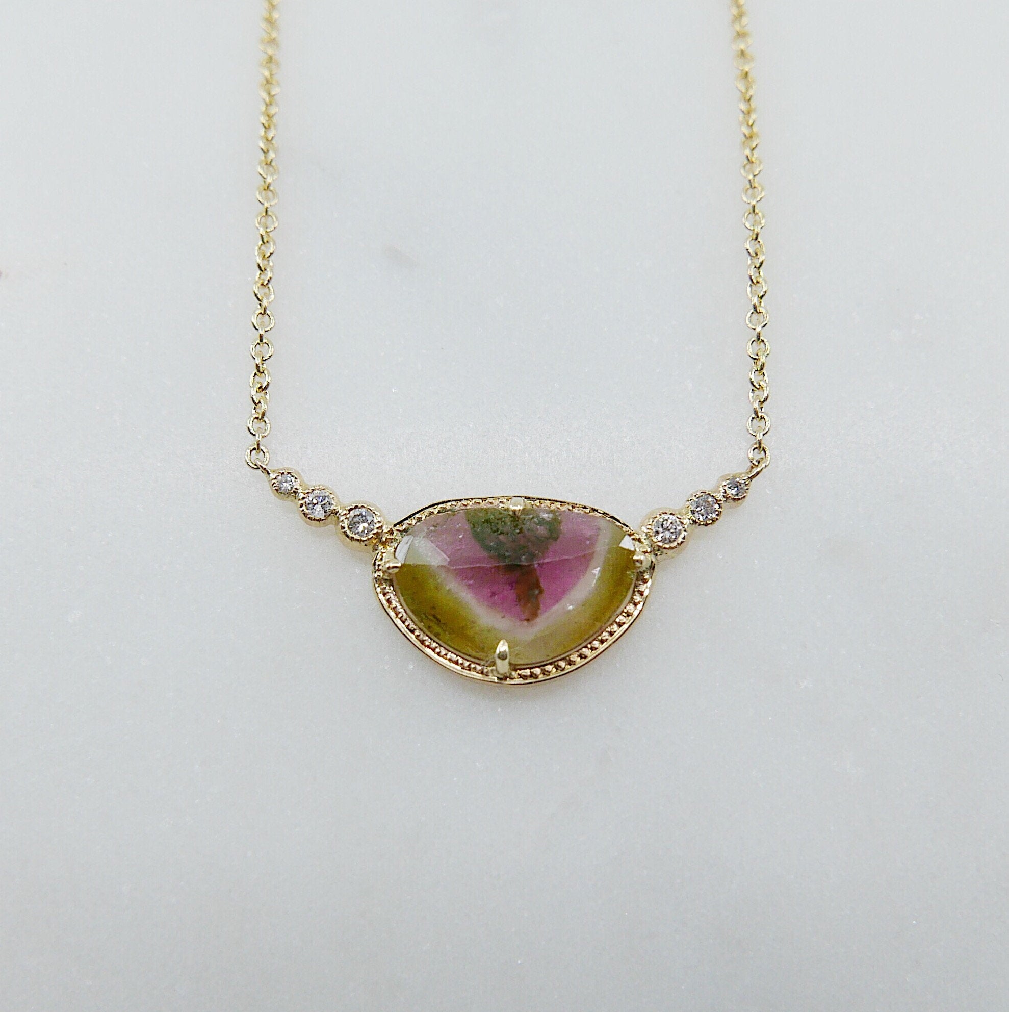 Ellipsis Watermelon tourmaline and Diamond Necklace, One of a kind unique gold tourmaline slice Necklace, pink and green tourmaline Necklace