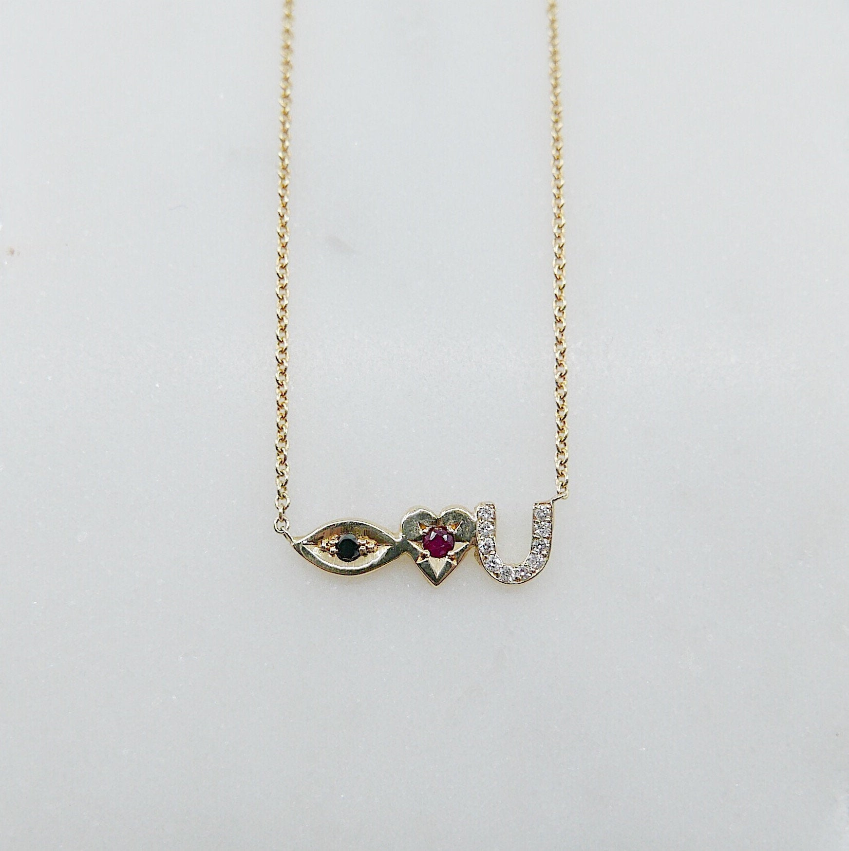 Eye Love U Necklace, 14k Gold Eye Love U Necklace, Black Diamond Necklace, Ruby Necklace, Diamond necklace, Love You necklace, I love you