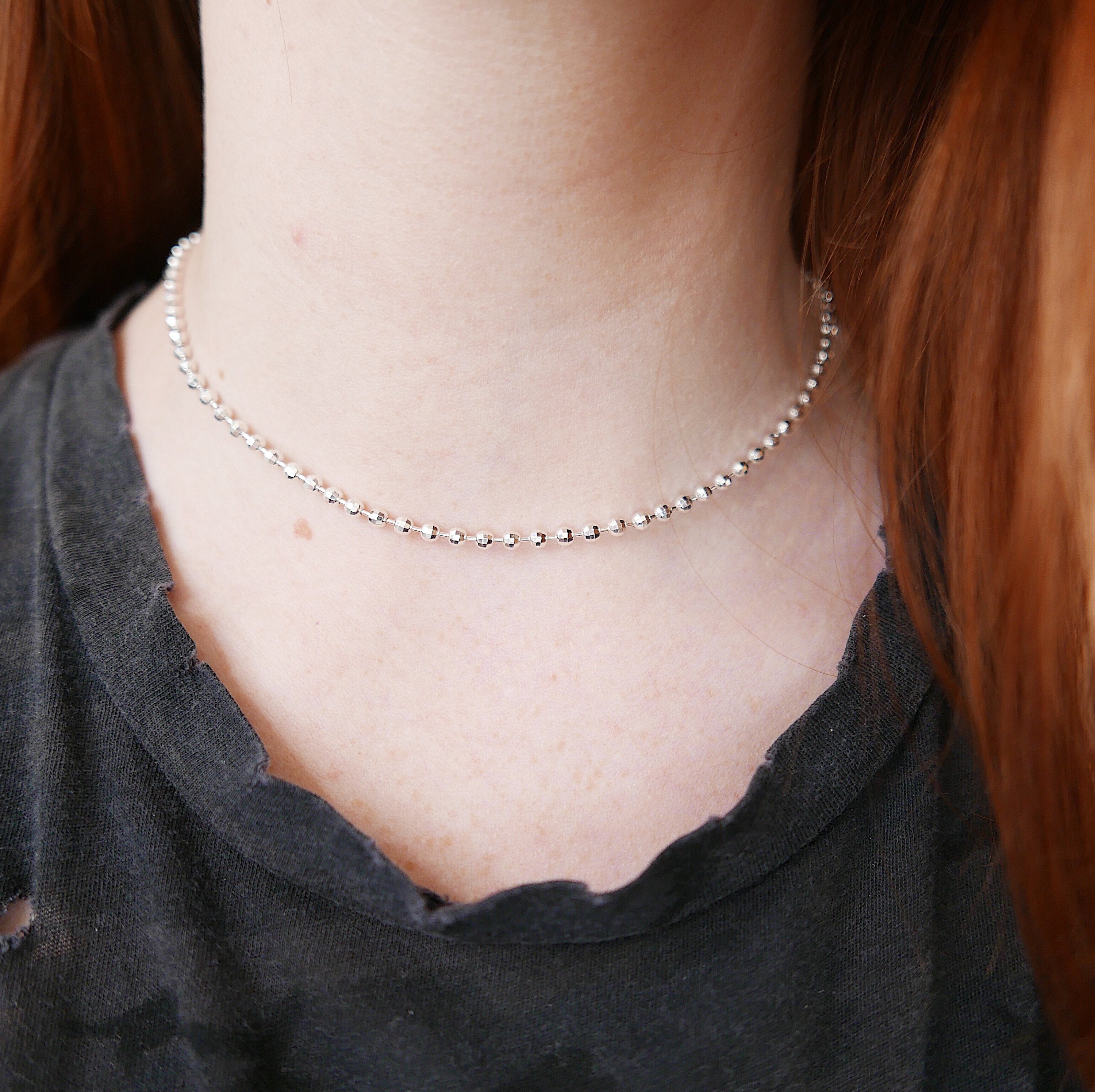 Discotheque choker, faceted ball chain choker, silver choker, diamond cut silver choker, Silver chain choker