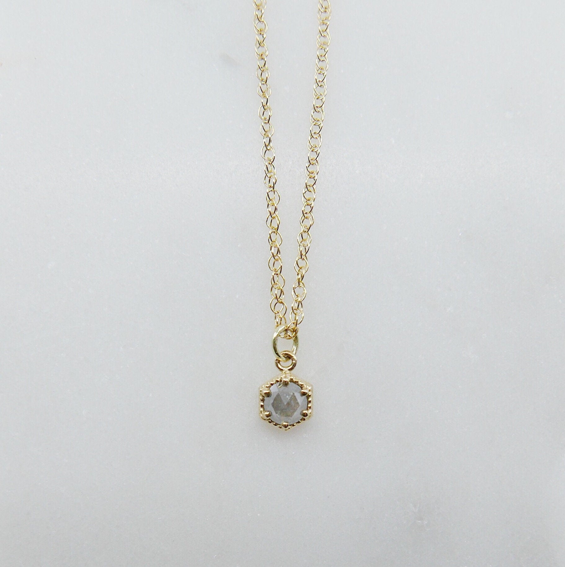 Frame Rose Cut Grey Diamond Necklace, small dainty grey diamond necklace, solitaire necklace, small grey diamond necklace