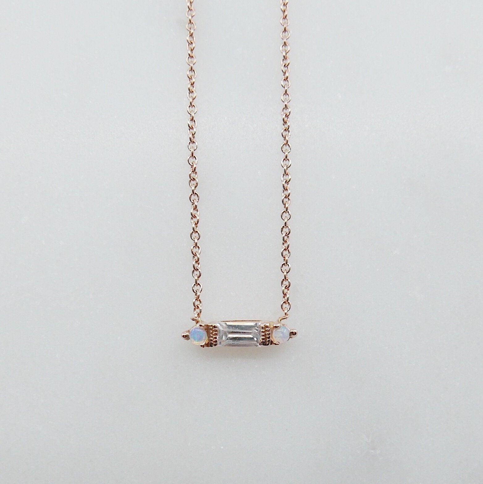 Grand Baguette Sapphire Necklace, White Sapphire Necklace, Opal Necklace, Baguette Sapphire, Diamond Necklace