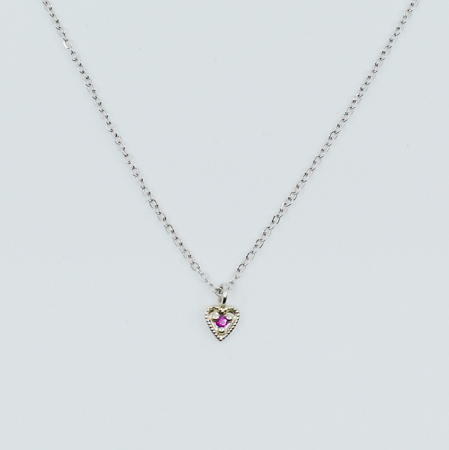 14k White Gold Heart with Ruby Necklace, Mini Heart Necklace, Ruby Heart necklace, white gold heart necklace,  14k white gold heart necklace