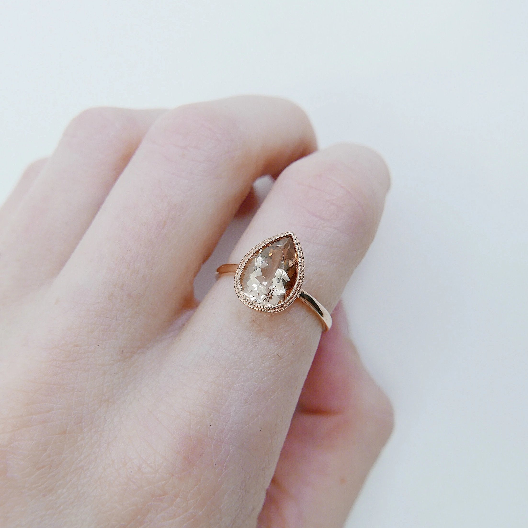 Pear morganite bezel ring, Morganite ring, gold solitaire ring, pear morganite ring, 14k gold simple bezel milgrain ring