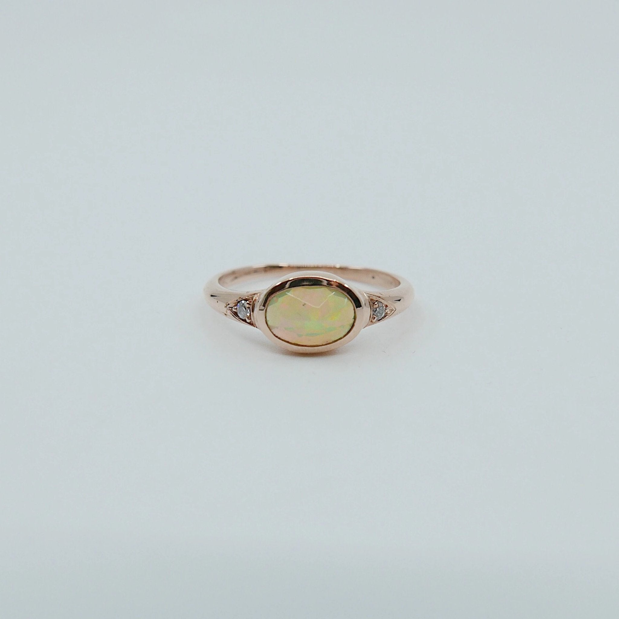 Opal Signet Ring, three stone opal ring, opal and diamond ring, 14k gold bold opal ring, oval opal ring, oval bezel opal ring