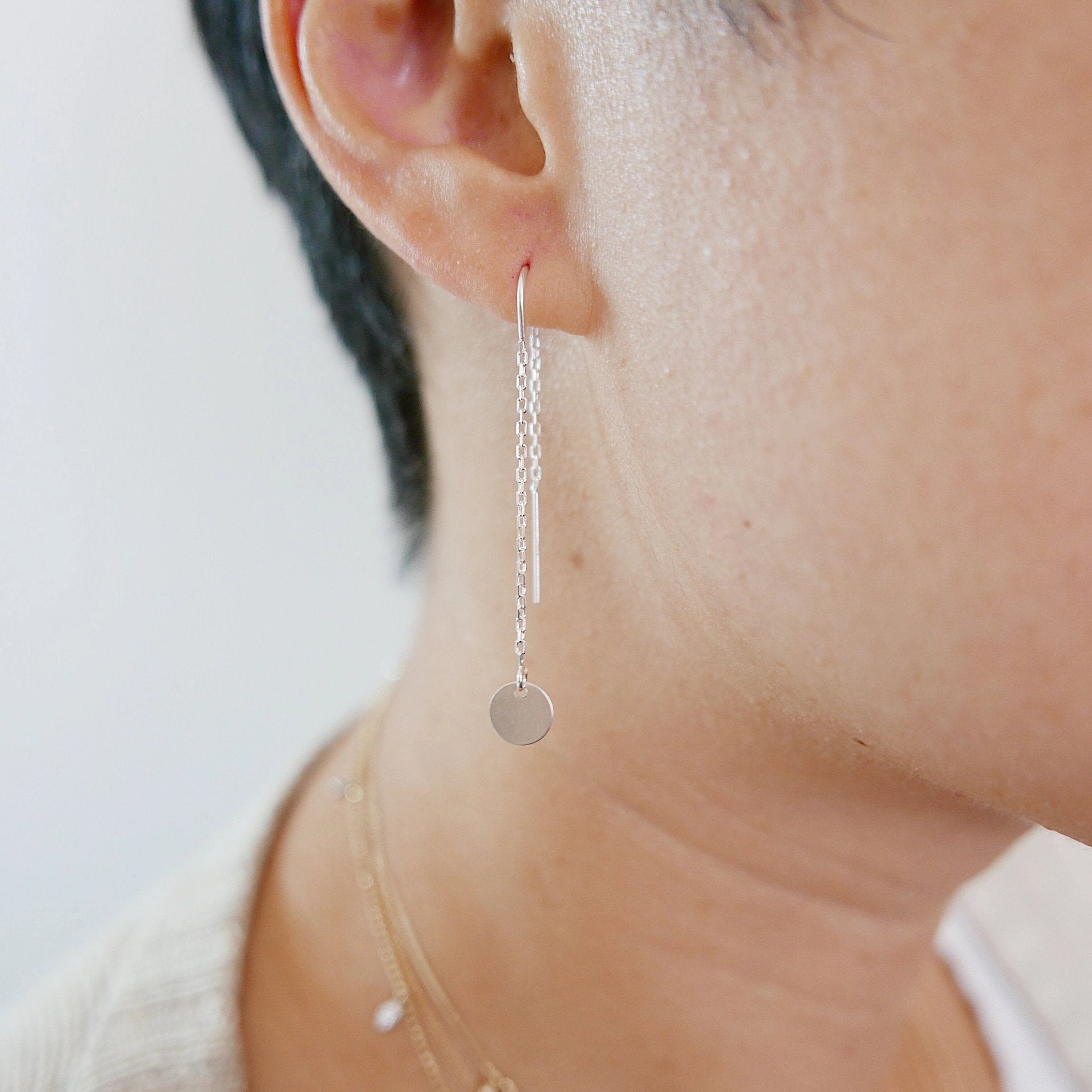 Solstice earrings, disc ear thread, Gold filled disc earring, Silver disc earring, Chain Thread Earrings, Circle Earrings, Gold Disc