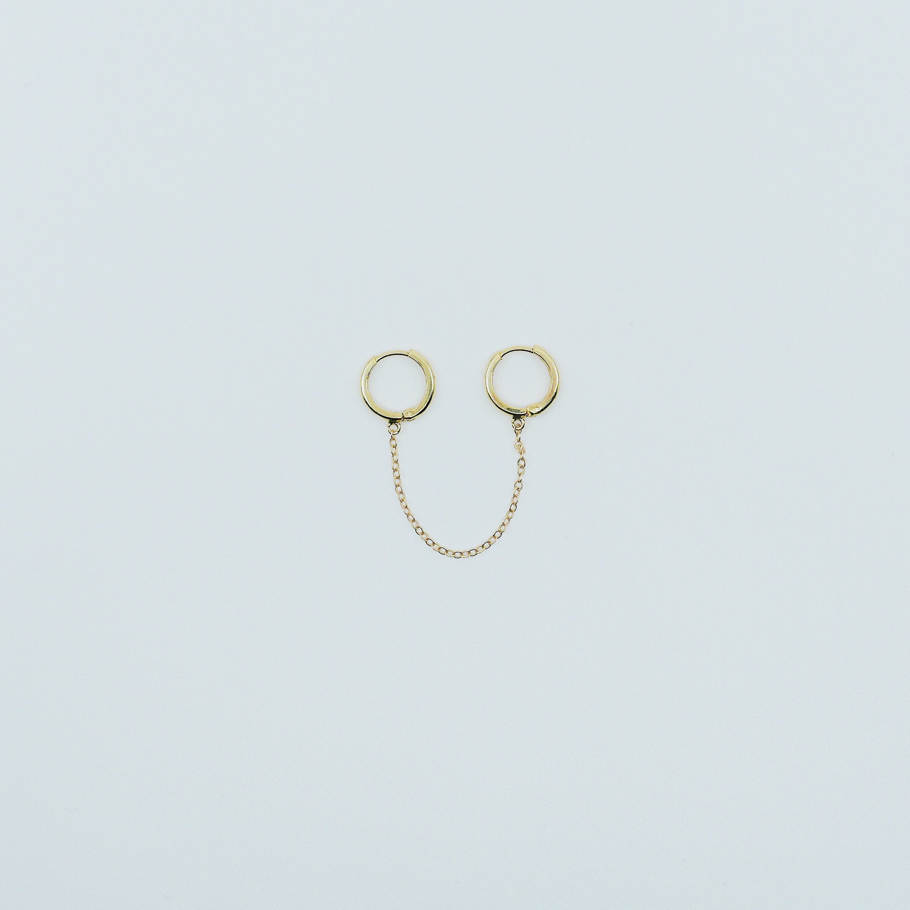 Chained Hoops, 14k gold small hoops, gold hoops with chain, small gold chained hoops, huggie hoops, double hoop single earring