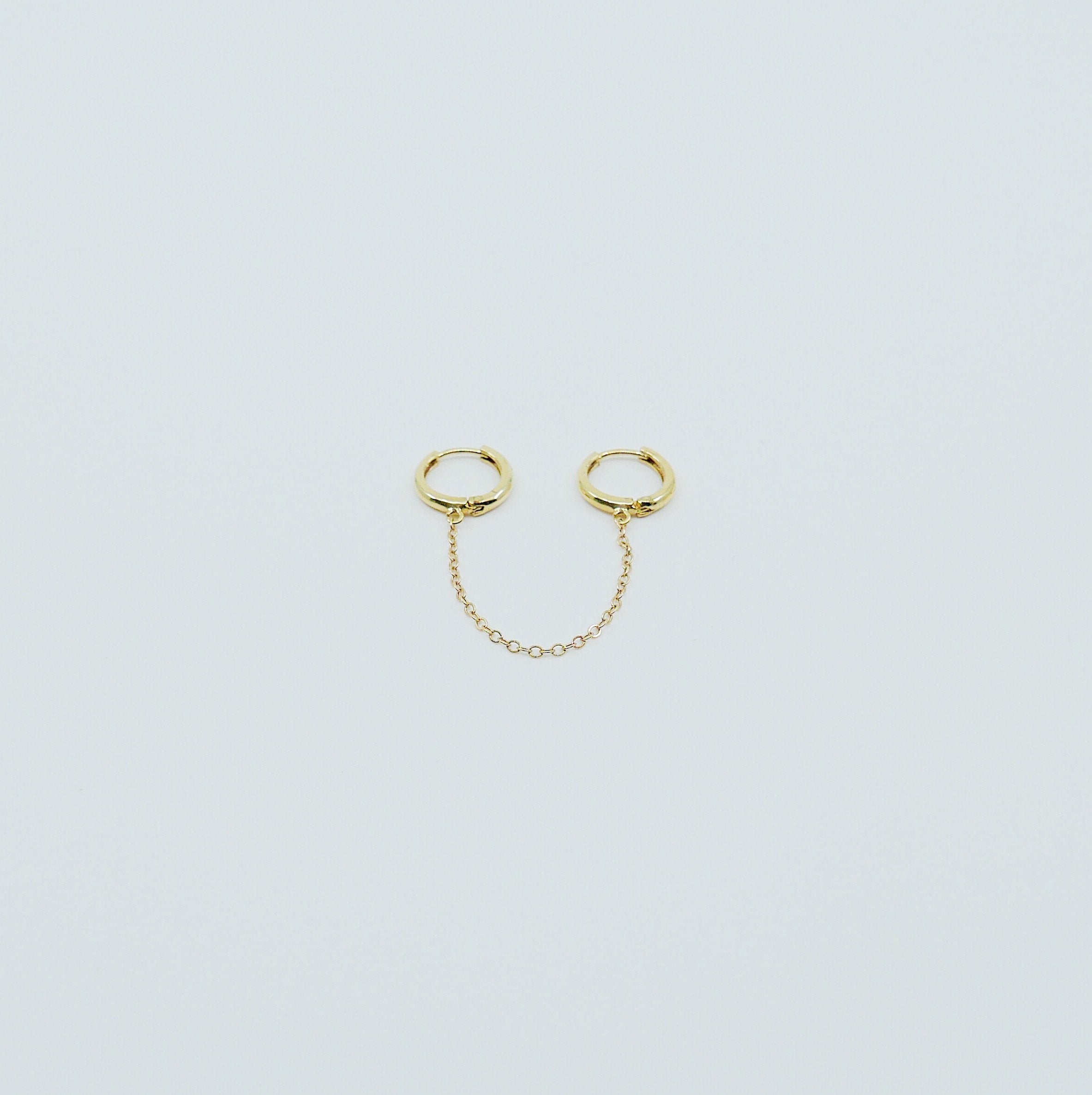 Chained Hoops, 14k gold small hoops, gold hoops with chain, small gold chained hoops, huggie hoops, double hoop single earring