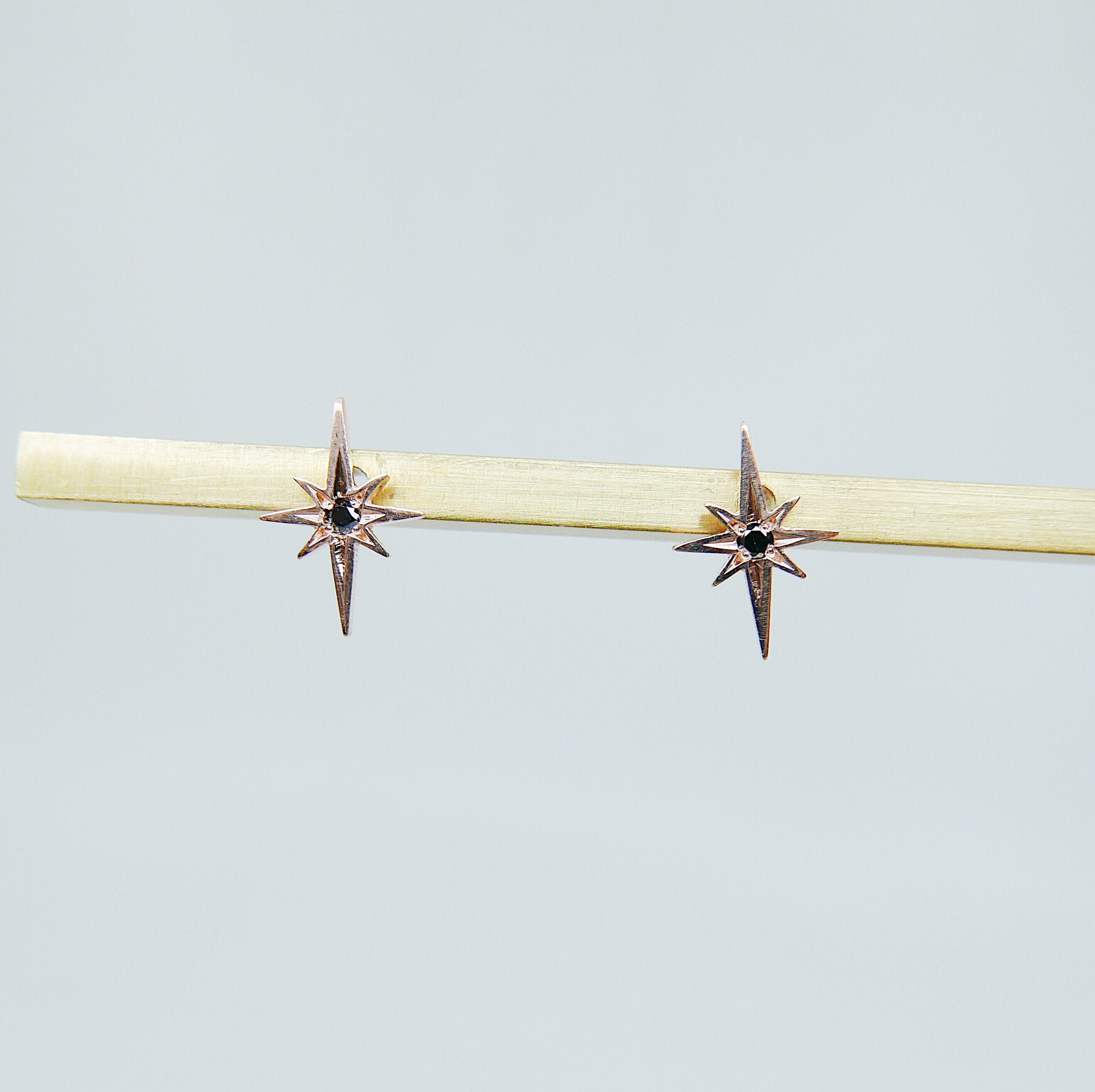 Polaris Earrings, 14k rose gold earrings, 14k Five Point star earrings, Starburst Earrings, Black Diamond Star Earrings, Diamond Starburst