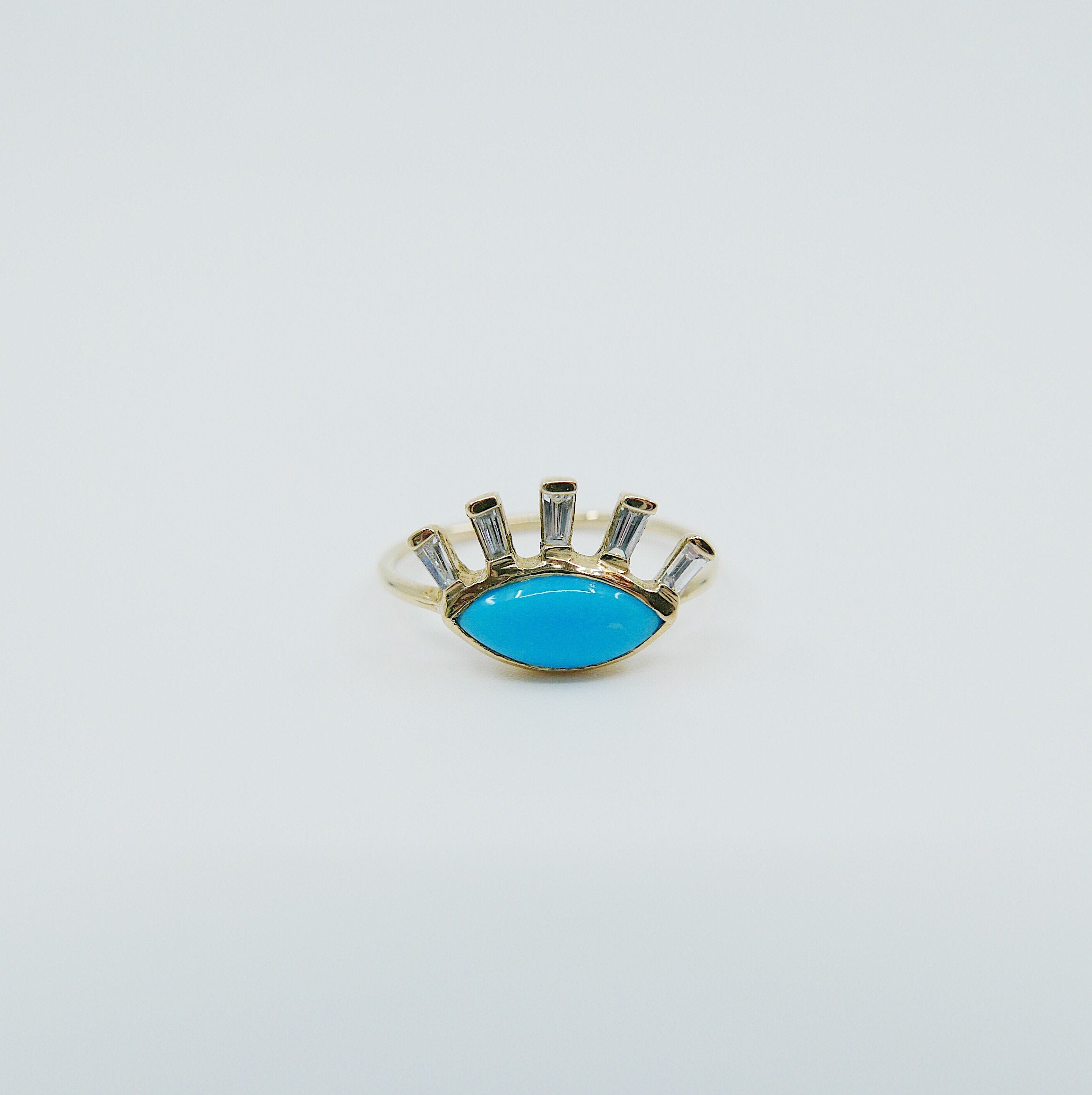 Turquoise eye ring, gold eye ring, third eye ring, Turquoise and diamond baguette ring, eye of horus ring, evil eye ring