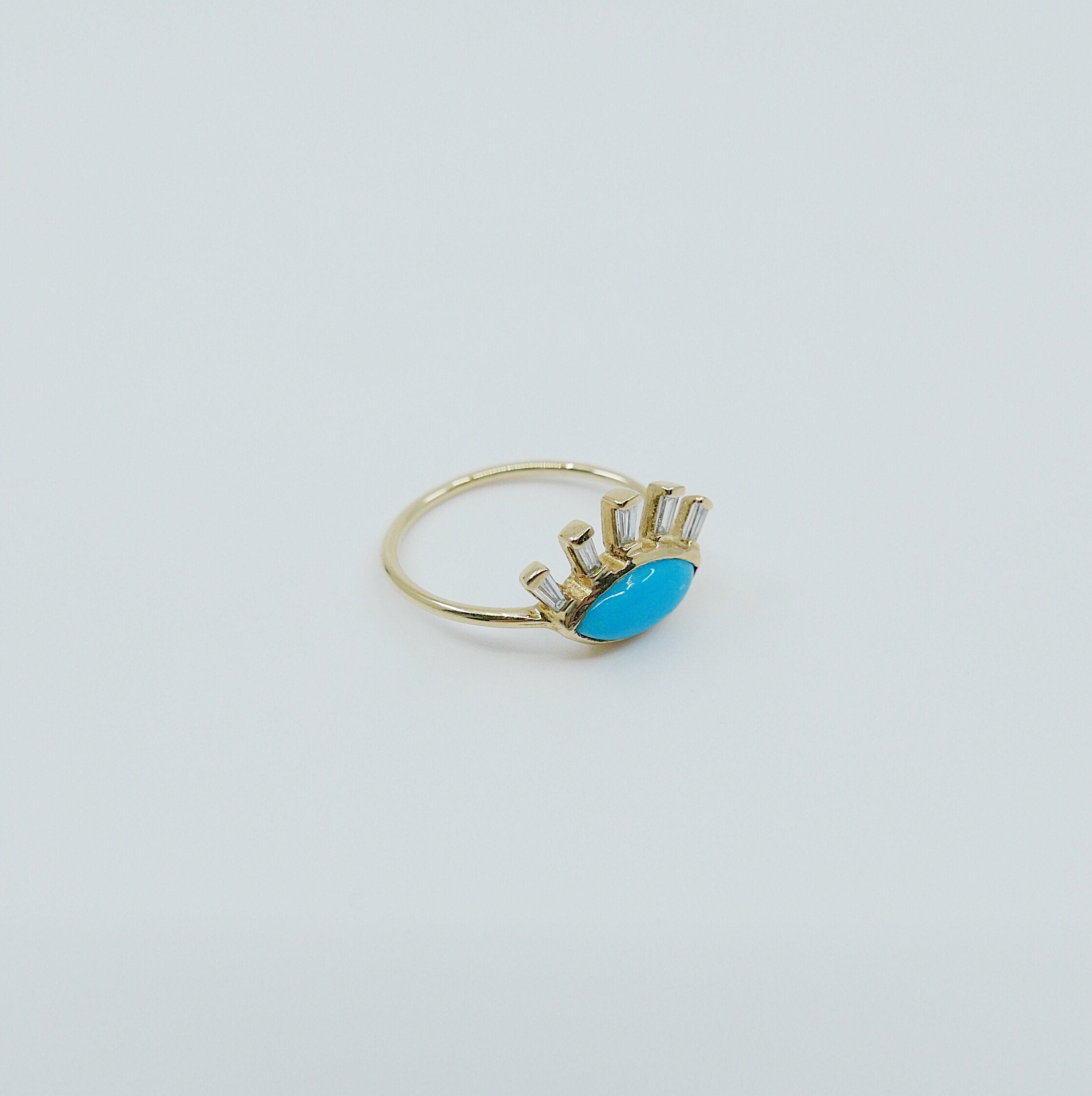 Turquoise eye ring, gold eye ring, third eye ring, Turquoise and diamond baguette ring, eye of horus ring, evil eye ring