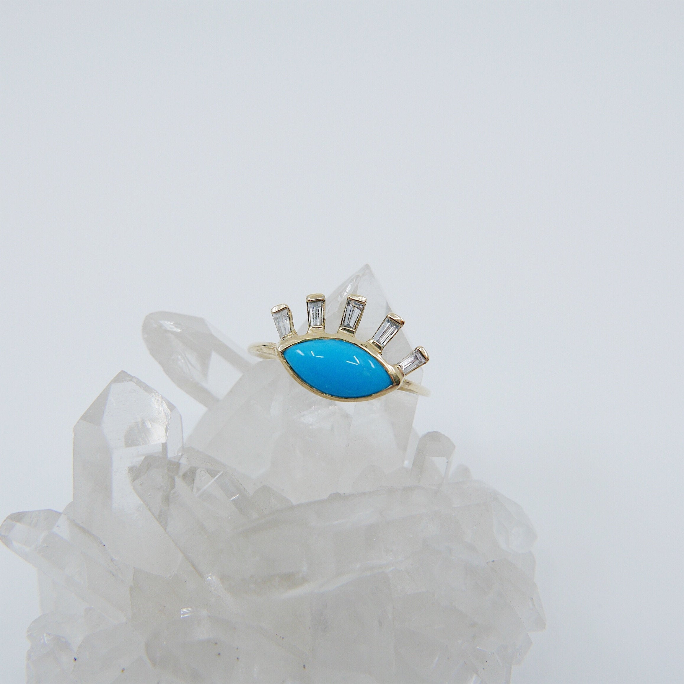 Turquoise eye ring, gold eye ring, third eye ring, Turquoise and diamond baguette ring, eye of horus ring, evil eye ring