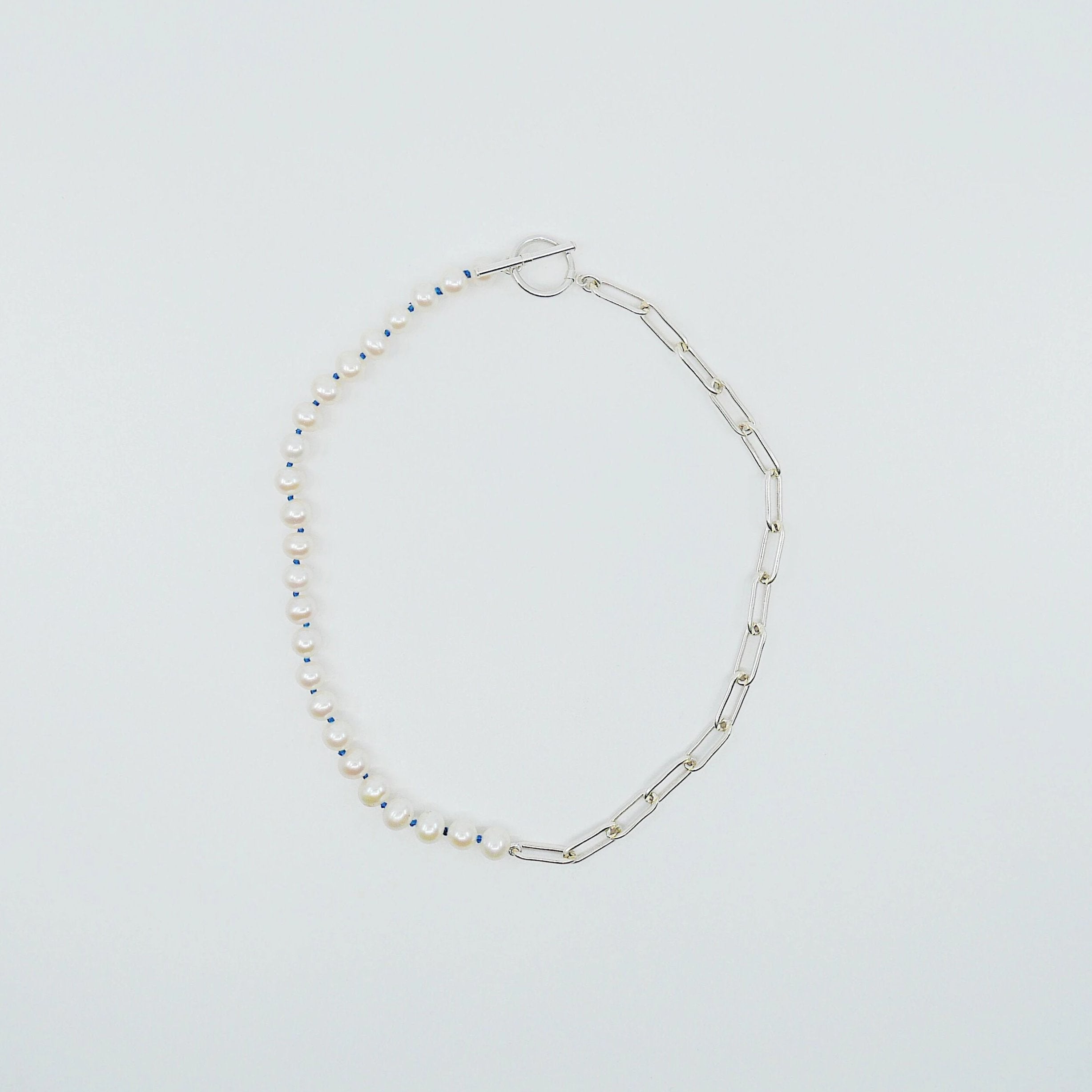 Split personality choker, pearl and chain Toggle Choker, Elongated silver oval link choker, heavy chain choker, pearl choker,