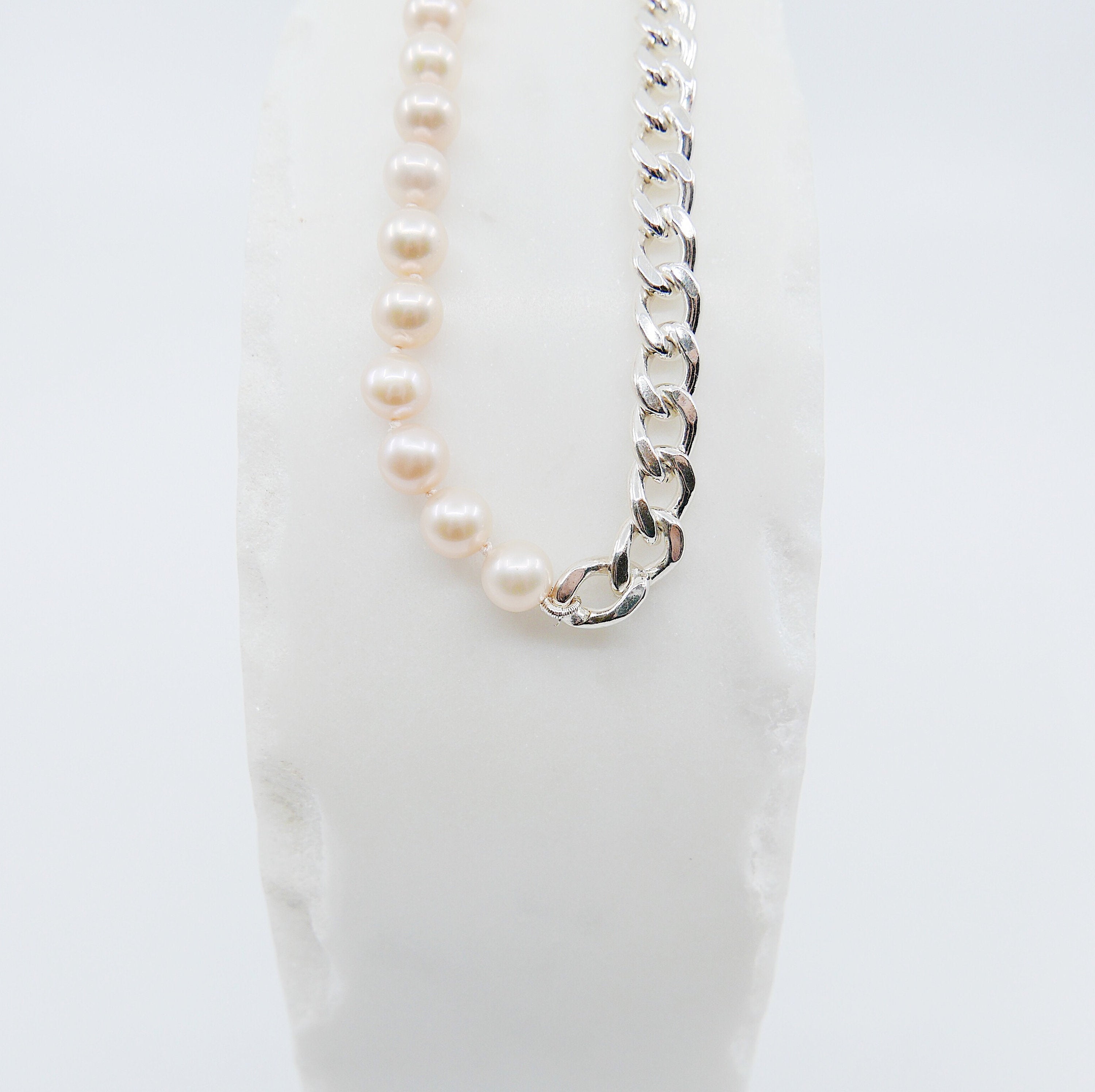 Split personality curb chain choker, pearl and chain Toggle Choker, sterling silver curb chain and pearl choker, heavy chain choker