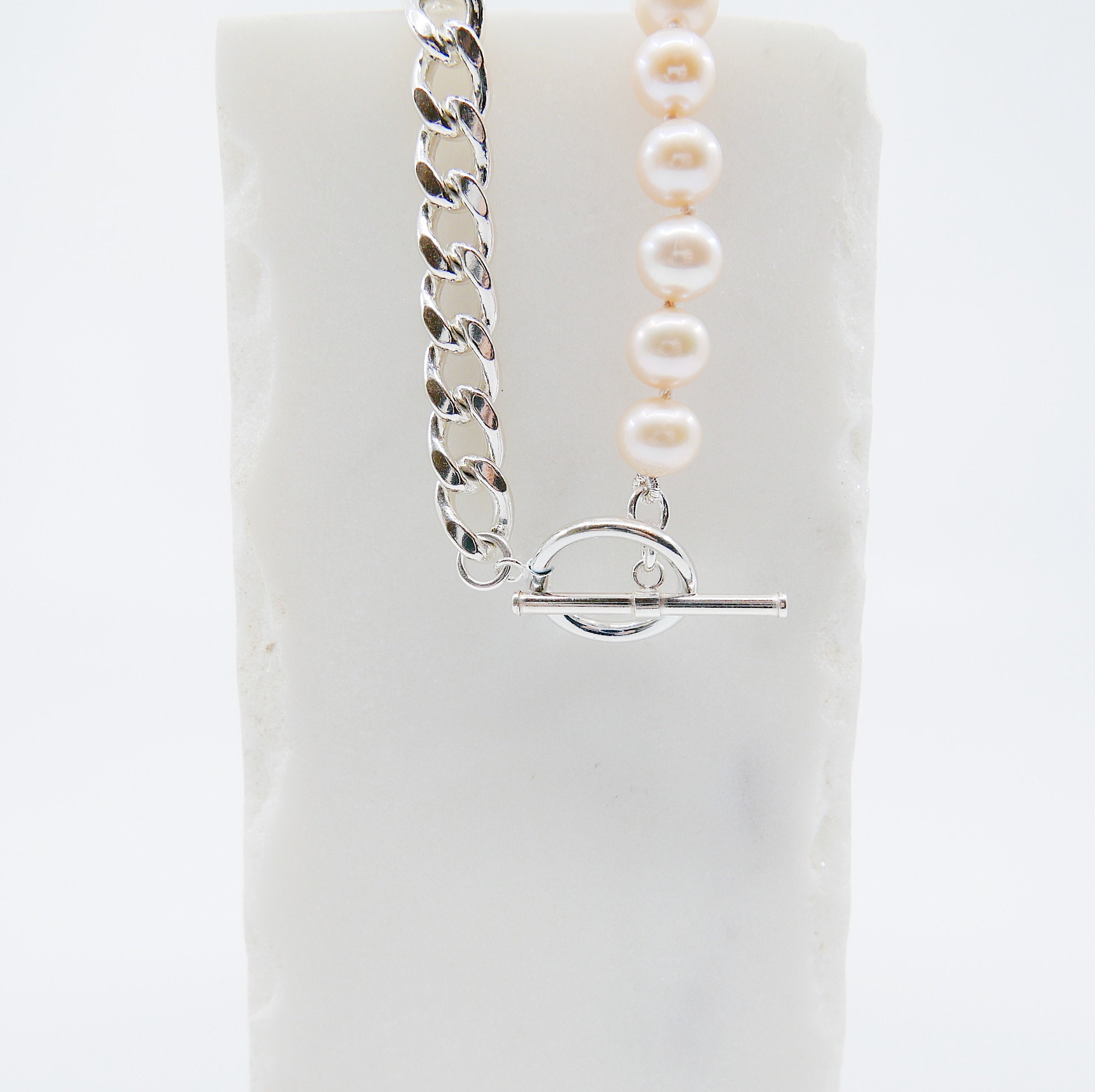 Split personality curb chain choker, pearl and chain Toggle Choker, sterling silver curb chain and pearl choker, heavy chain choker