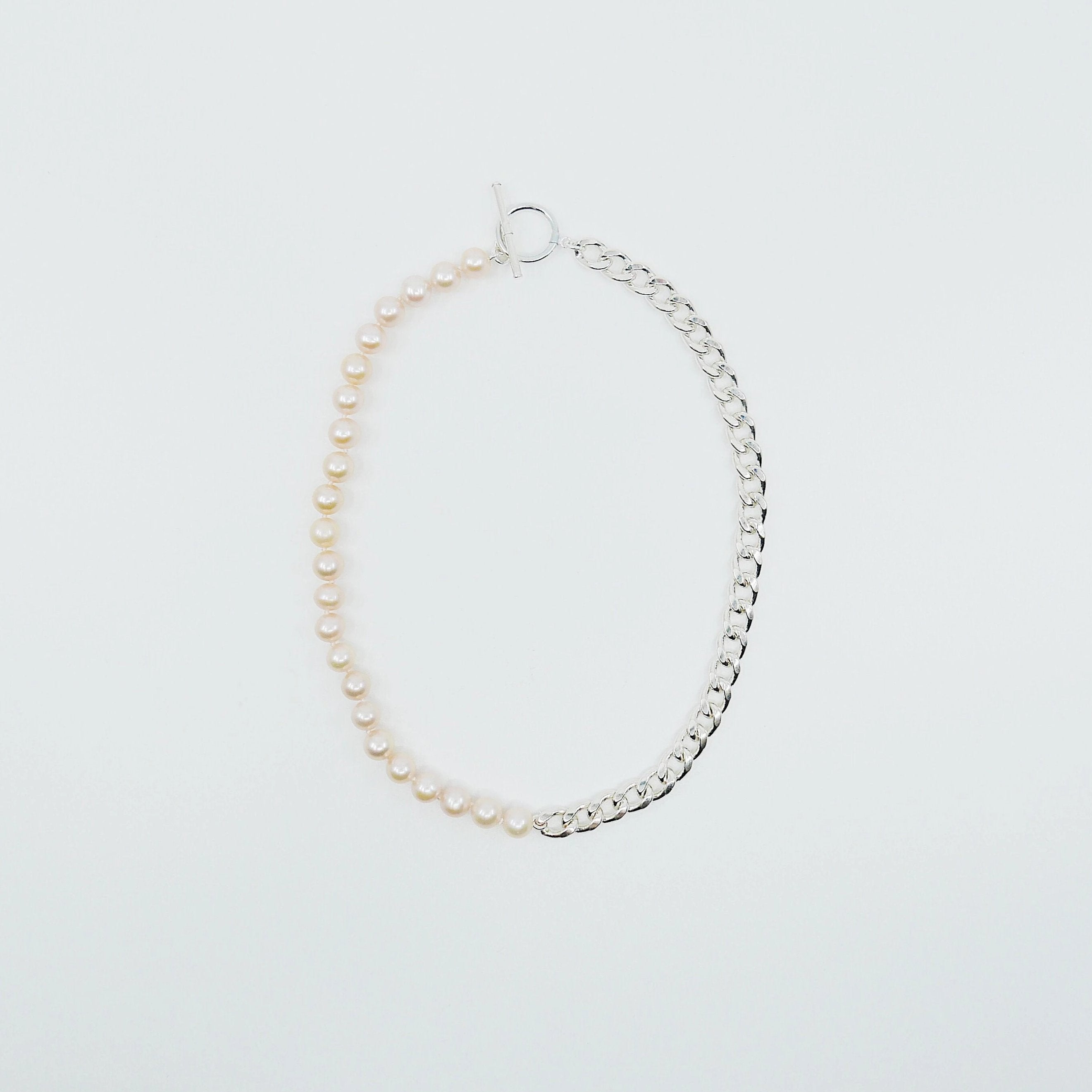 Split personality curb chain choker, pearl and chain Toggle Choker, sterling silver curb chain and pearl choker, heavy chain choker