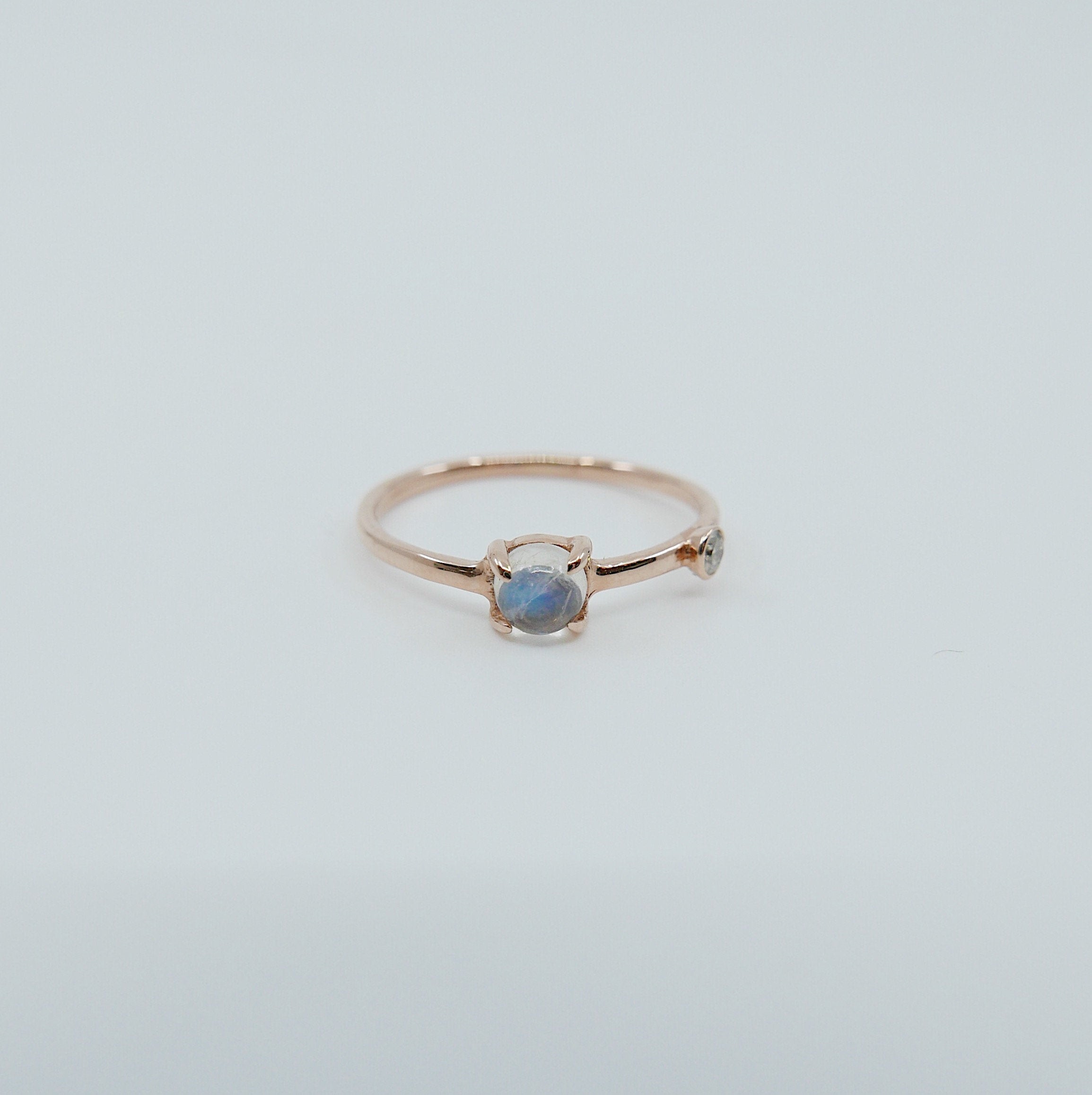 Moonstone Duet Ring (Medium), moonstone and diamond ring, gold rainbow moonstone ring, stacking ring, two stone band, promise ring, gold