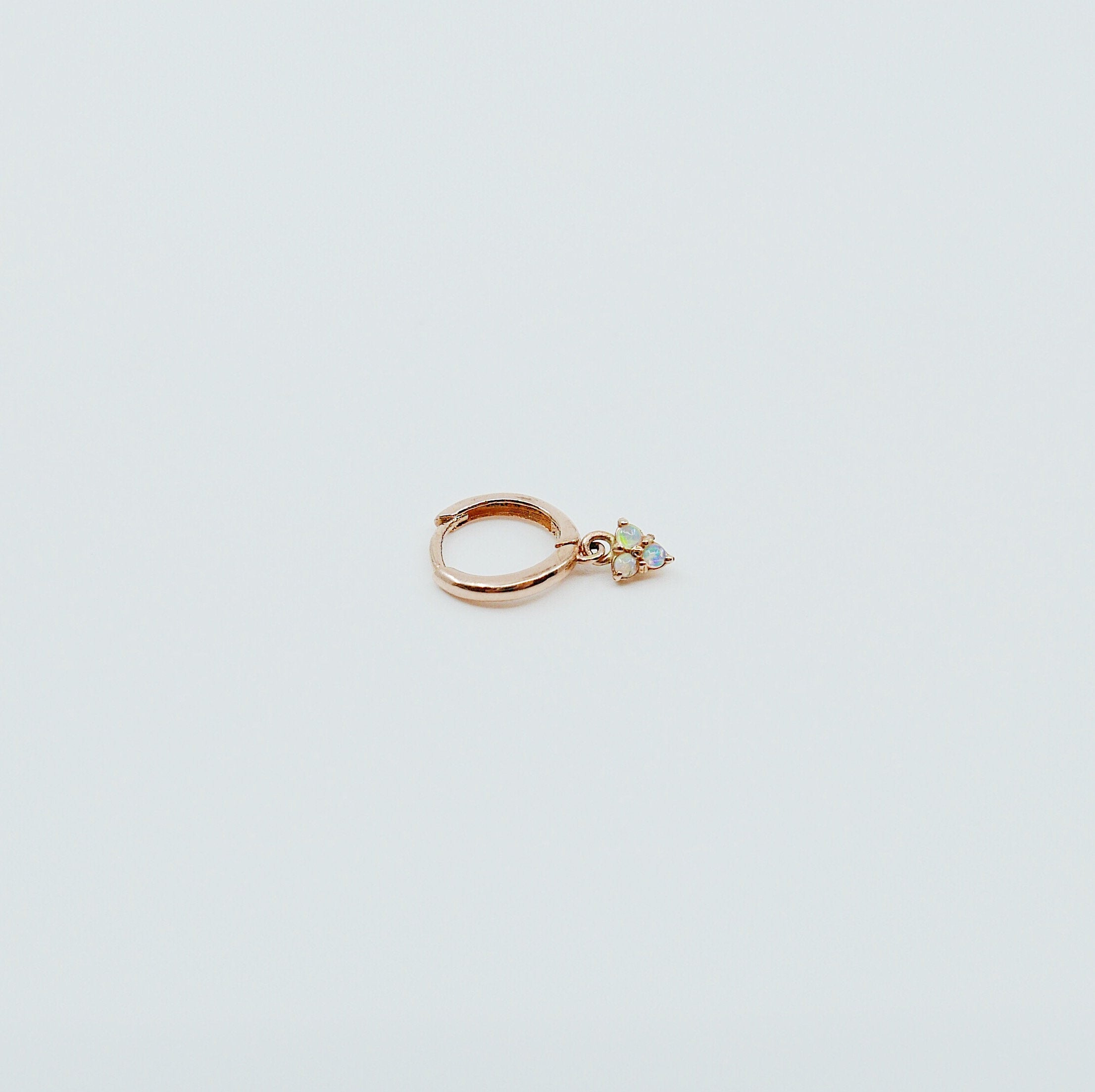 Opal trinity charm hoop, small 14k gold opal hoop, small gold hoop, single gold hoop, opal hoop earrings, mini opal hoop