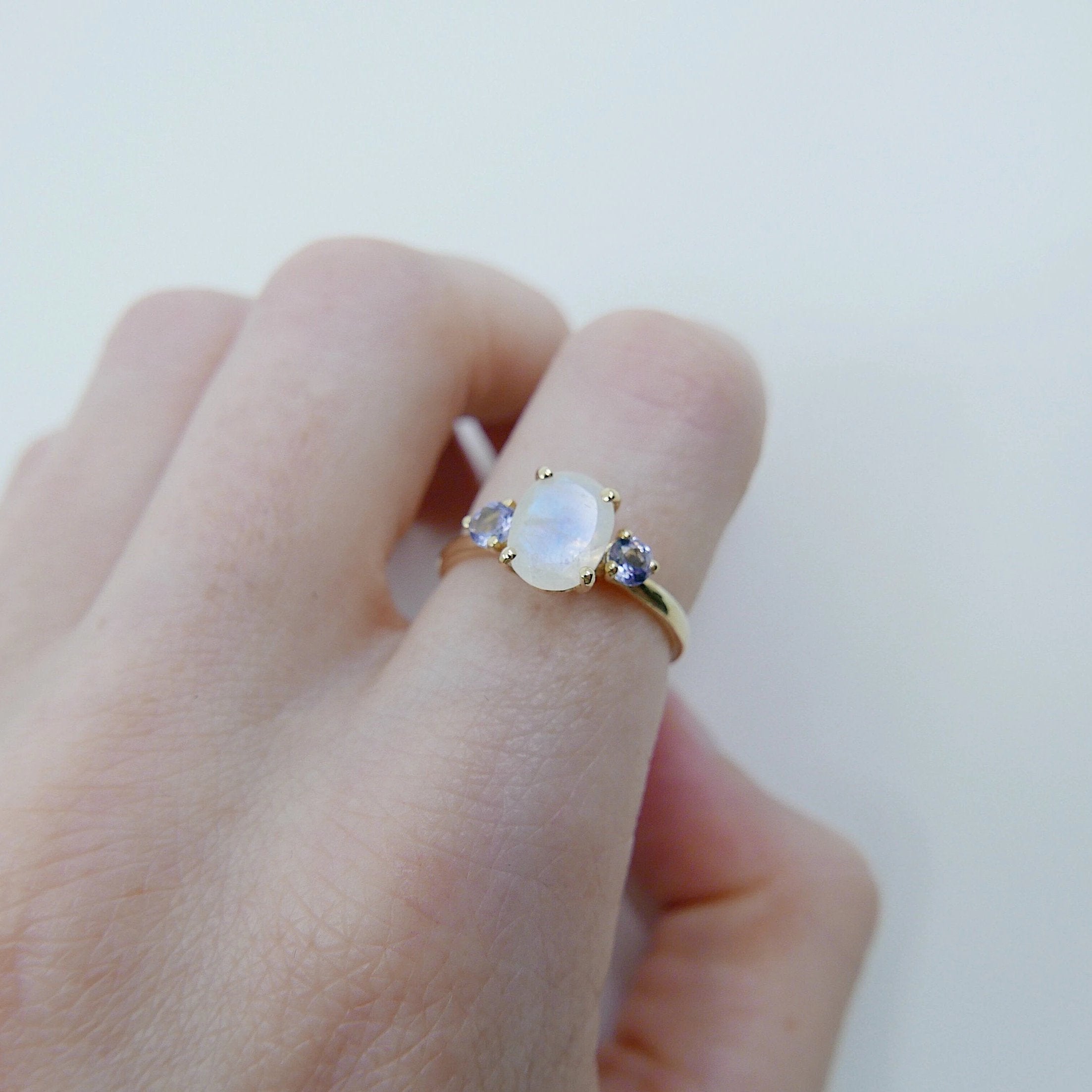 Oval moonstone ring, three stone ring, moonstone and tanzanite ring, 14k gold moonstone ring, north south ring