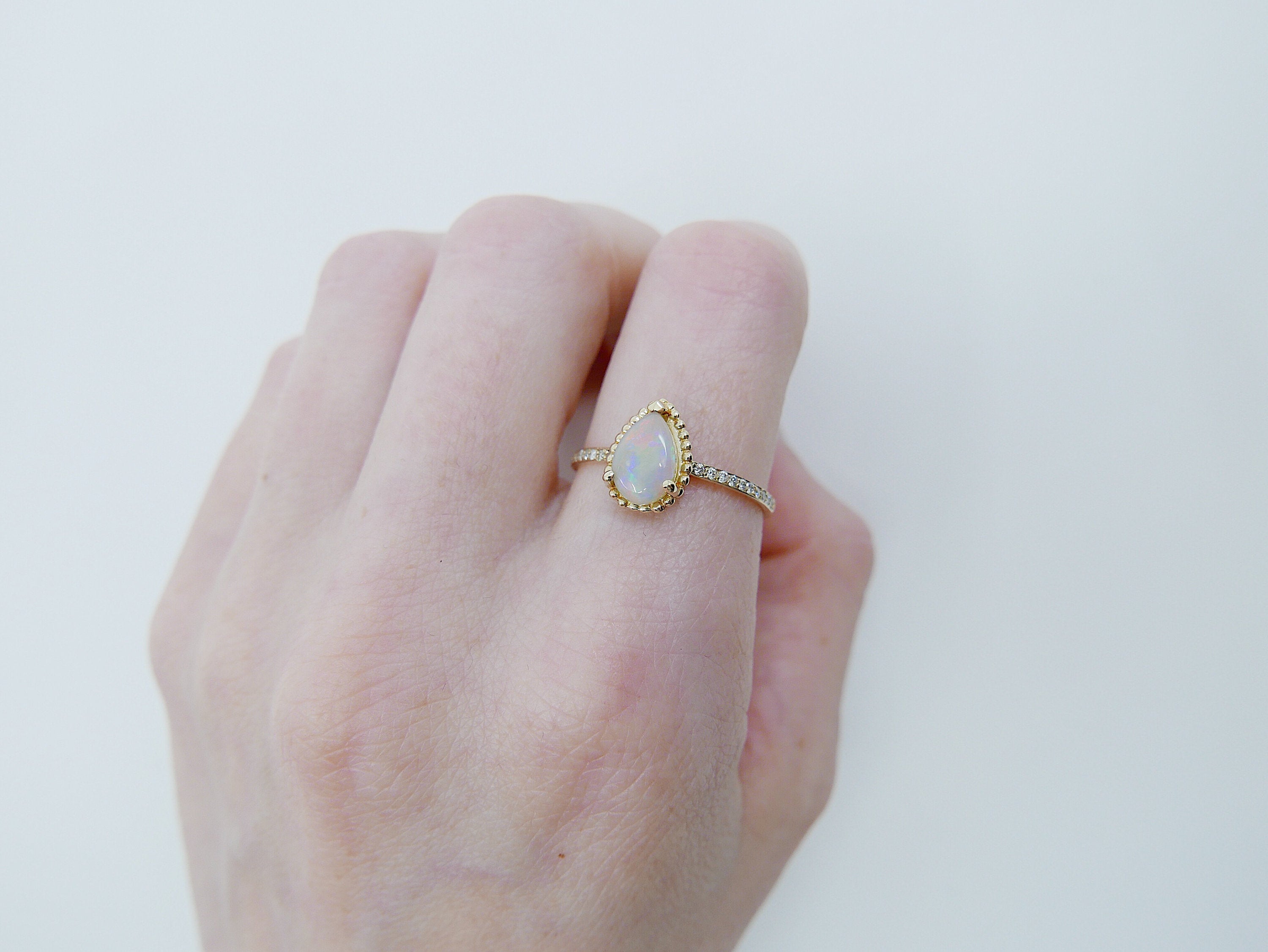 Ava Diamond Opal Ring, rainbow Opal halo ring, gold solitaire ring, pear opal ring, 14k gold opal prong engagement ring, opal halo ring