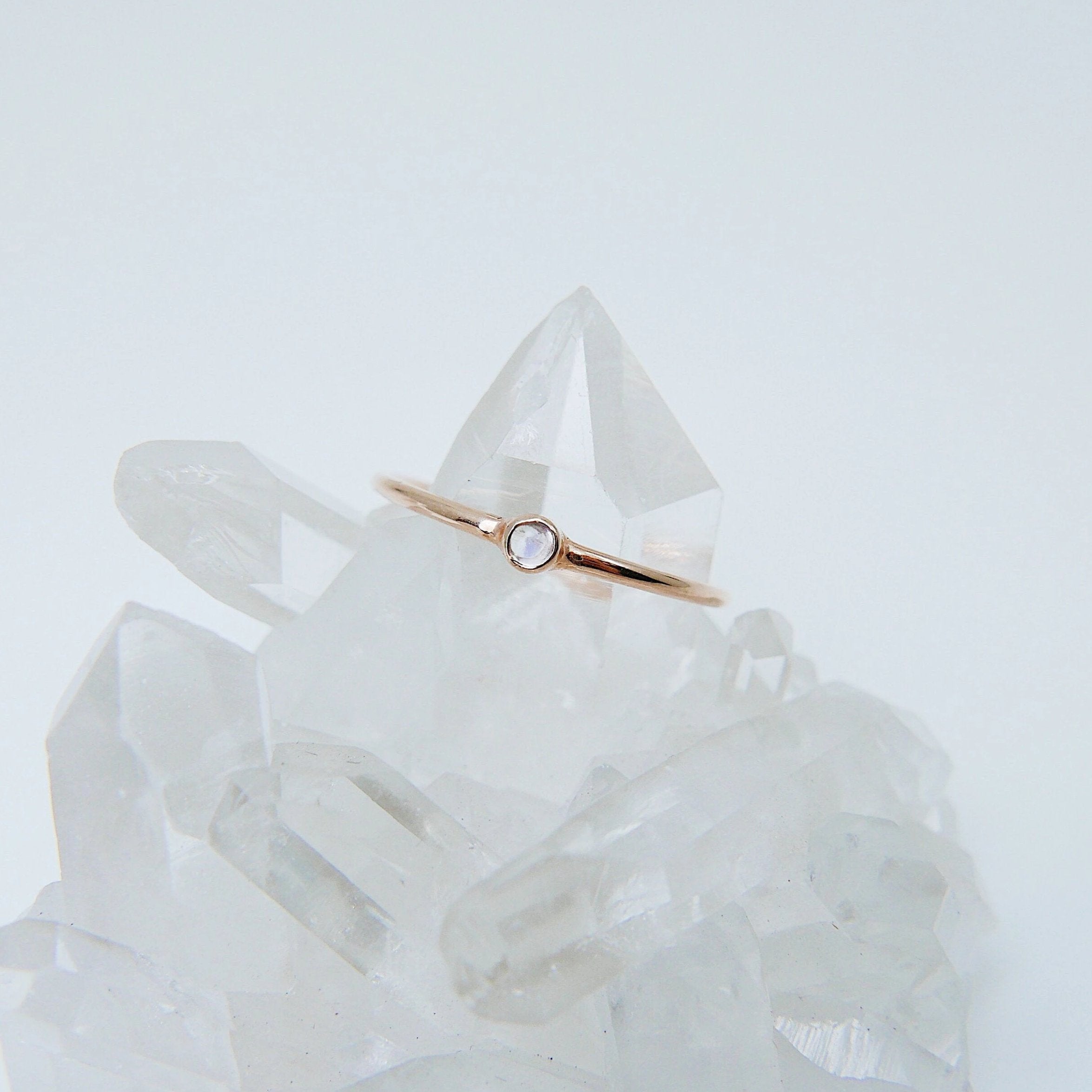 Mini moonstone ring, moonstone solitaire ring, 14k moonstone stackable ring, small round moonstone ring, mini moonstone bezel ring