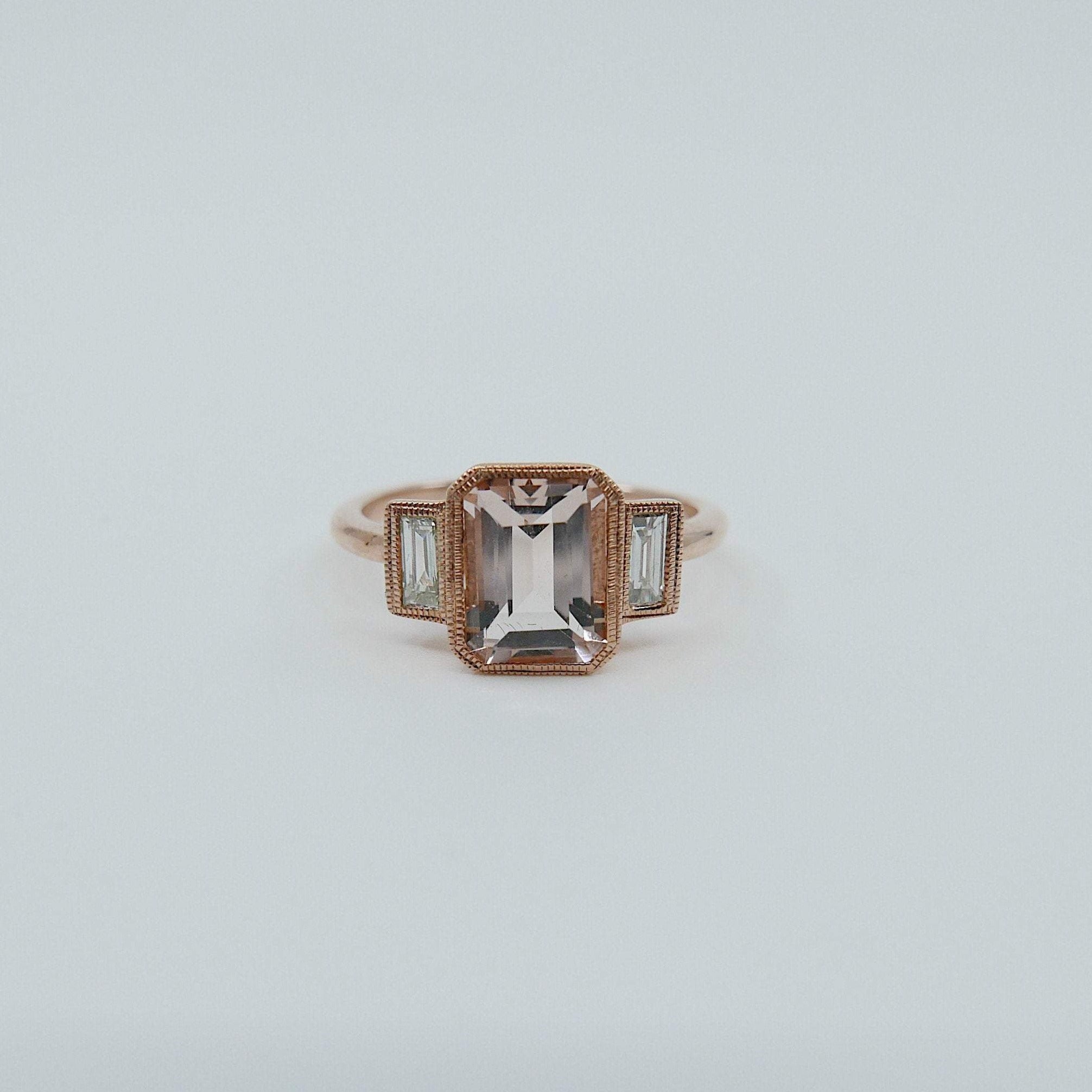 Charlotte Three Stone Ring, Morganite emerald cut ring, Morganite and diamond ring, Pink beryl stone wedding ring, classic engagement ring