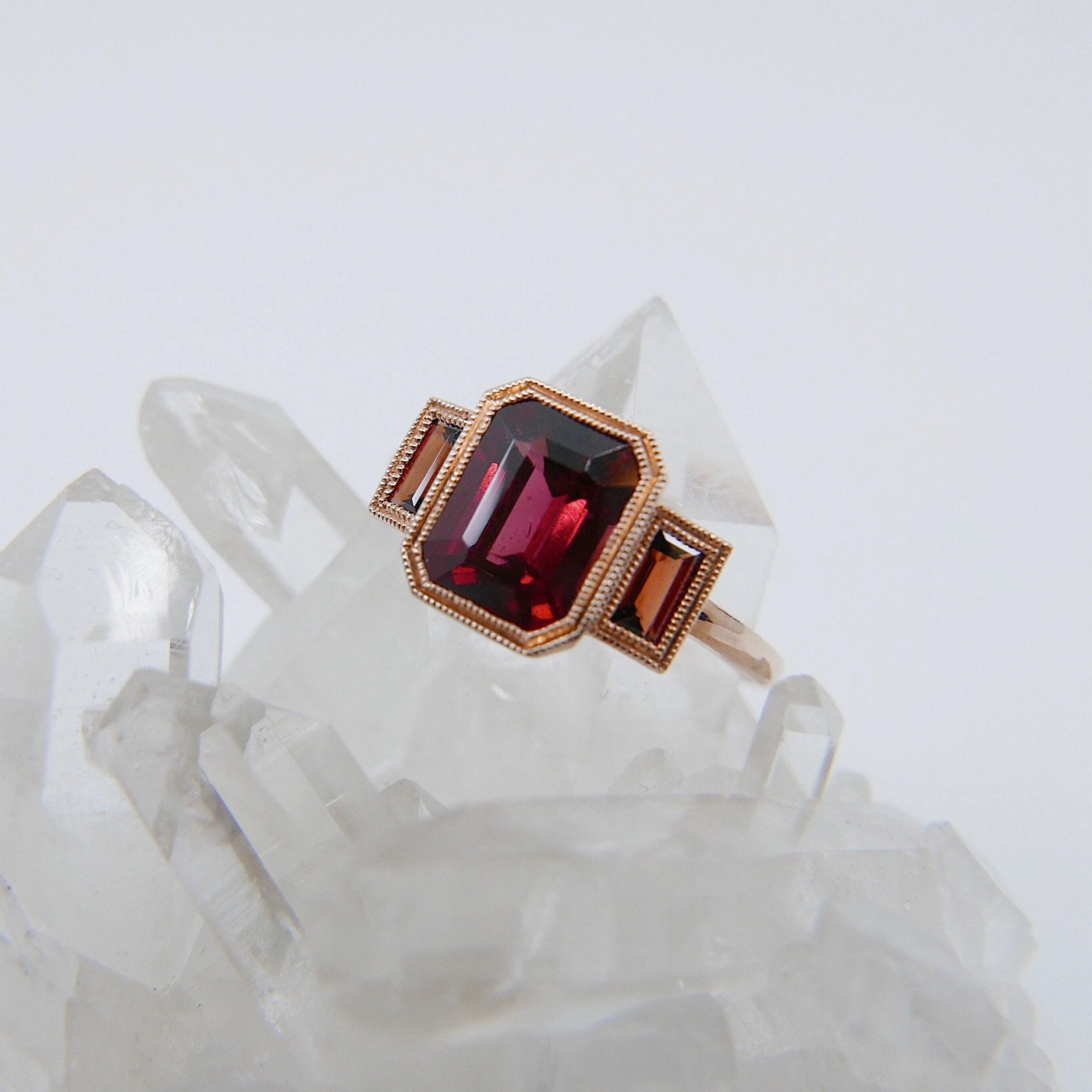 Charlotte Three Stone Ring, garnet emerald cut ring, garnet ring, deep red stone wedding ring, classic engagement ring