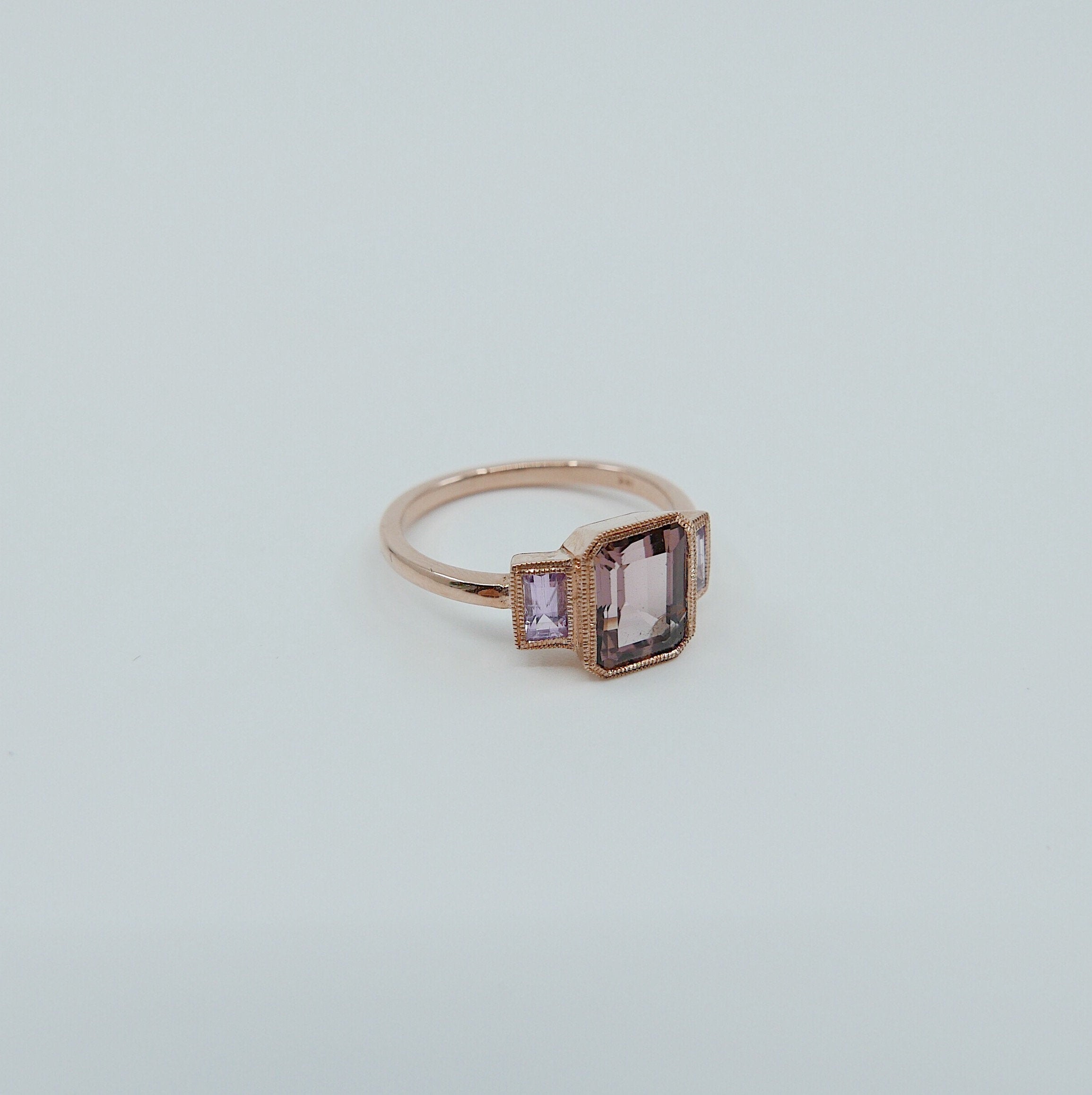 Charlotte Three Stone Ring, bi-color tourmaline emerald cut ring, tourmaline ring, pink sapphire wedding ring, classic engagement ring