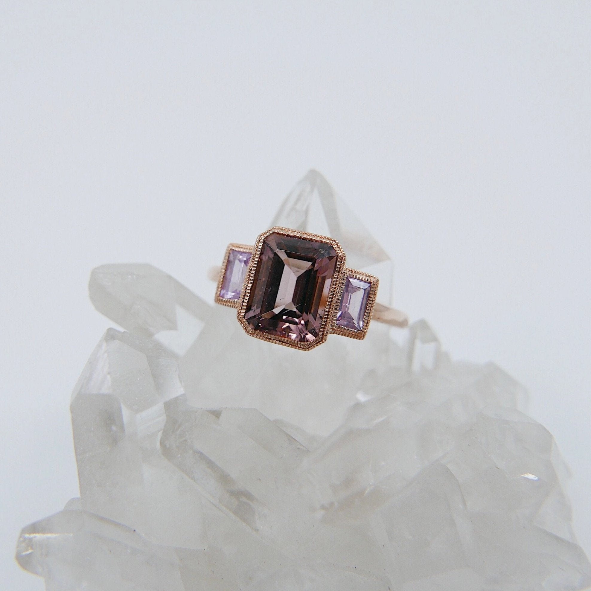 Charlotte Three Stone Ring, bi-color tourmaline emerald cut ring, tourmaline ring, pink sapphire wedding ring, classic engagement ring