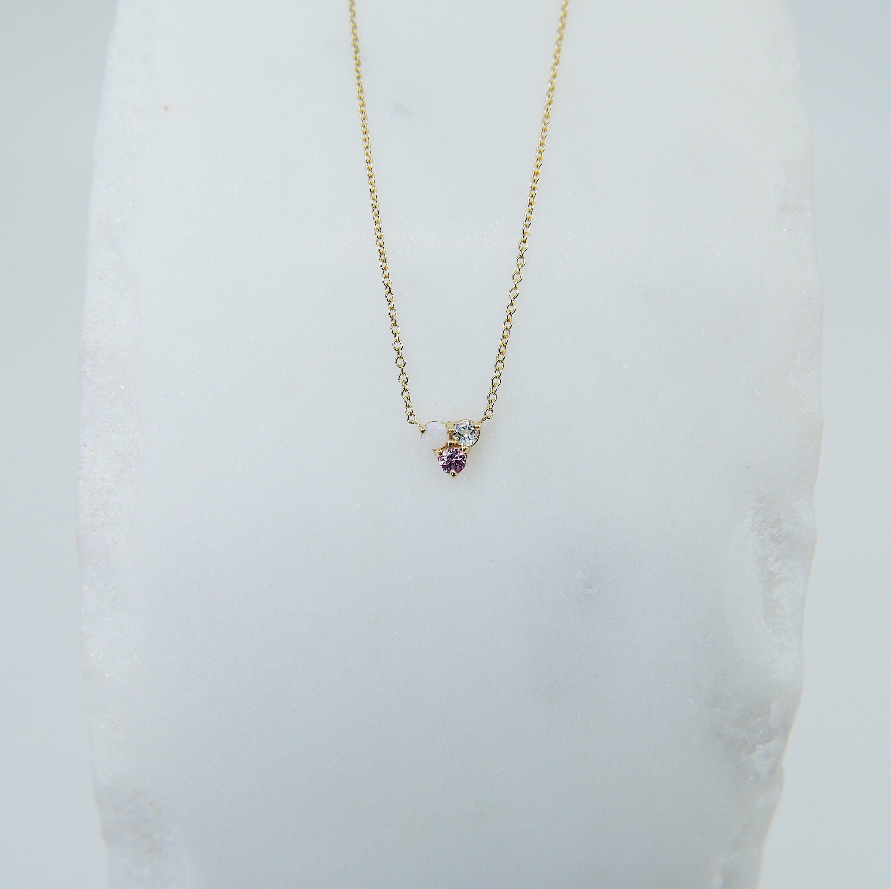 Trinity charm necklace, small 14k gold opal necklace, small gold necklace, Aquamarine necklace, Pink sapphire necklace