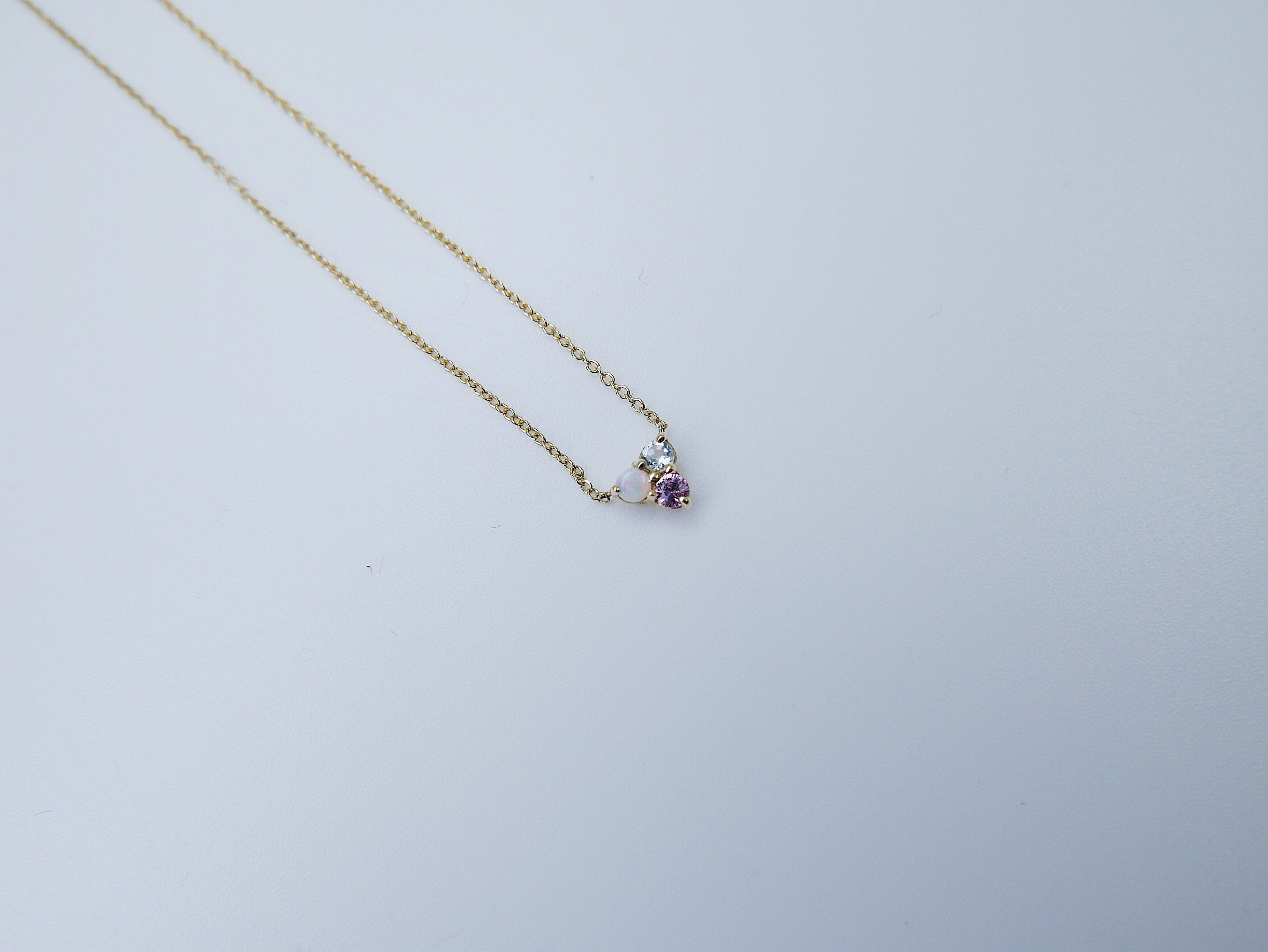 Trinity charm necklace, small 14k gold opal necklace, small gold necklace, Aquamarine necklace, Pink sapphire necklace