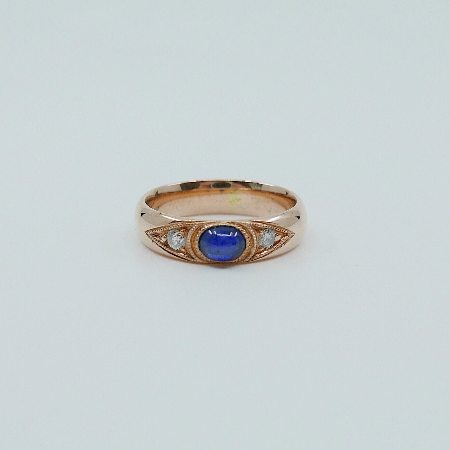 Indira Band, Blue Sapphire diamond band, thick gold band, Blue Sapphire cabochon wedding band, 3 stone band, sapphire and diamond gypsy ring