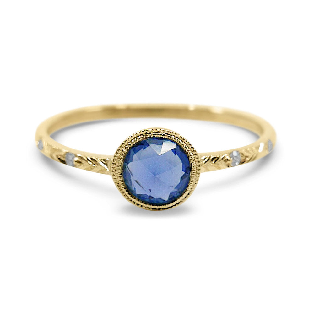 Juliette engraved diamond band rose cut blue sapphire ring, gold solitaire ring, bezel stone ring, 14k gold sapphire ring, gold diamond band