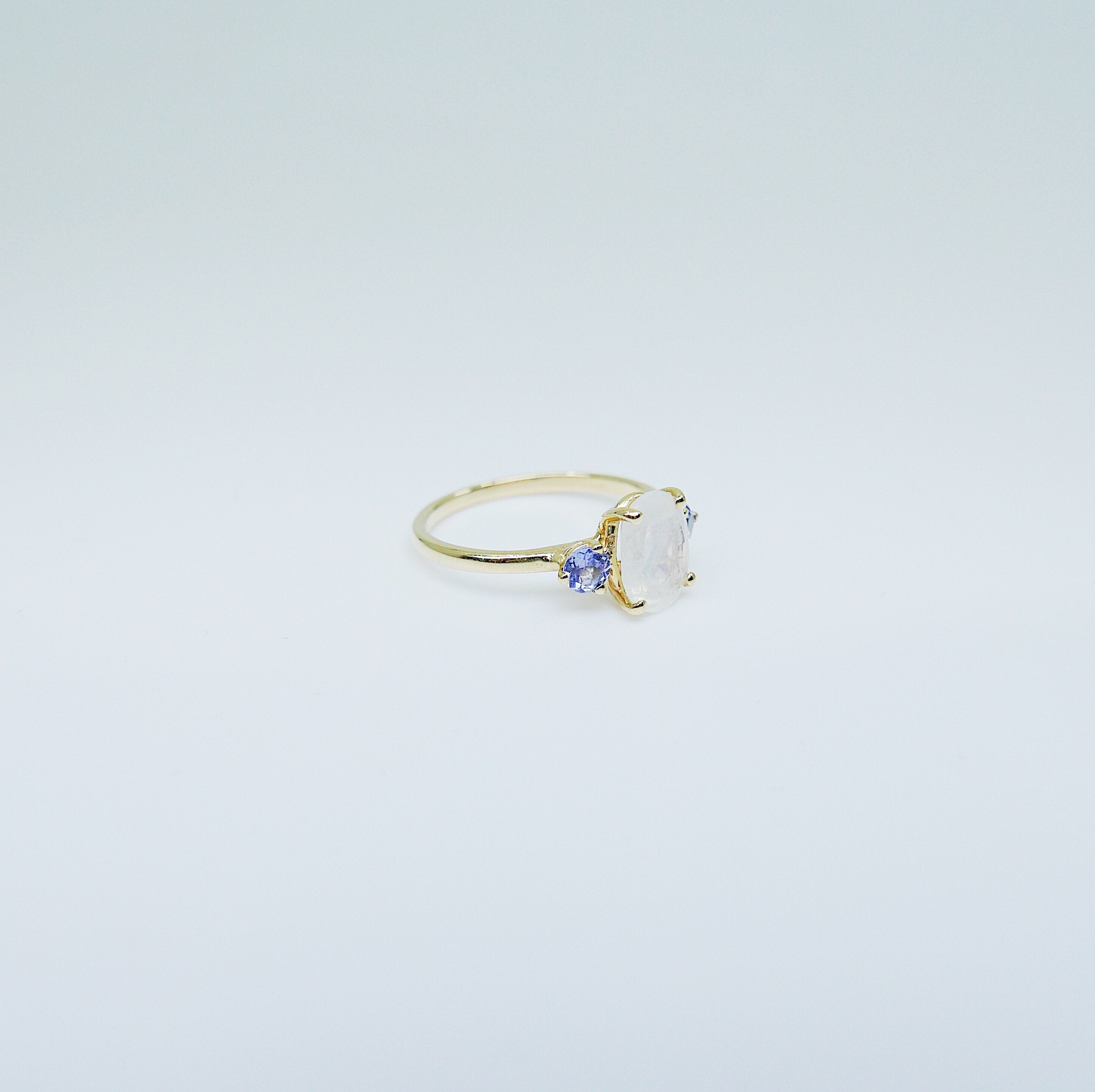 Oval moonstone ring, three stone ring, moonstone and tanzanite ring, 14k gold moonstone ring, north south ring