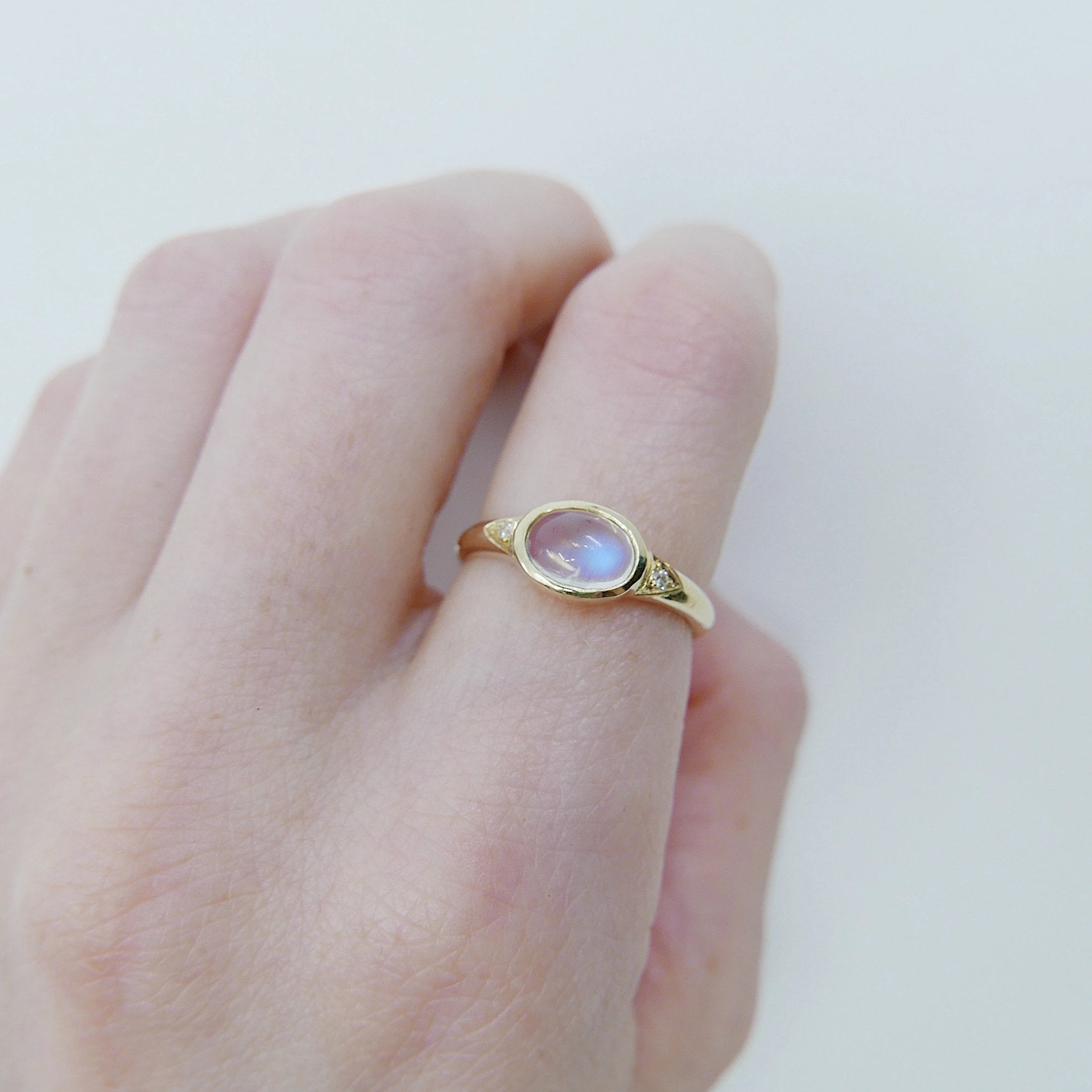 Moonstone Signet Ring, Moonstone cabochon ring, oval moonstone and diamond ring, 14k gold moonstone ring, oval bezel moonstone ring