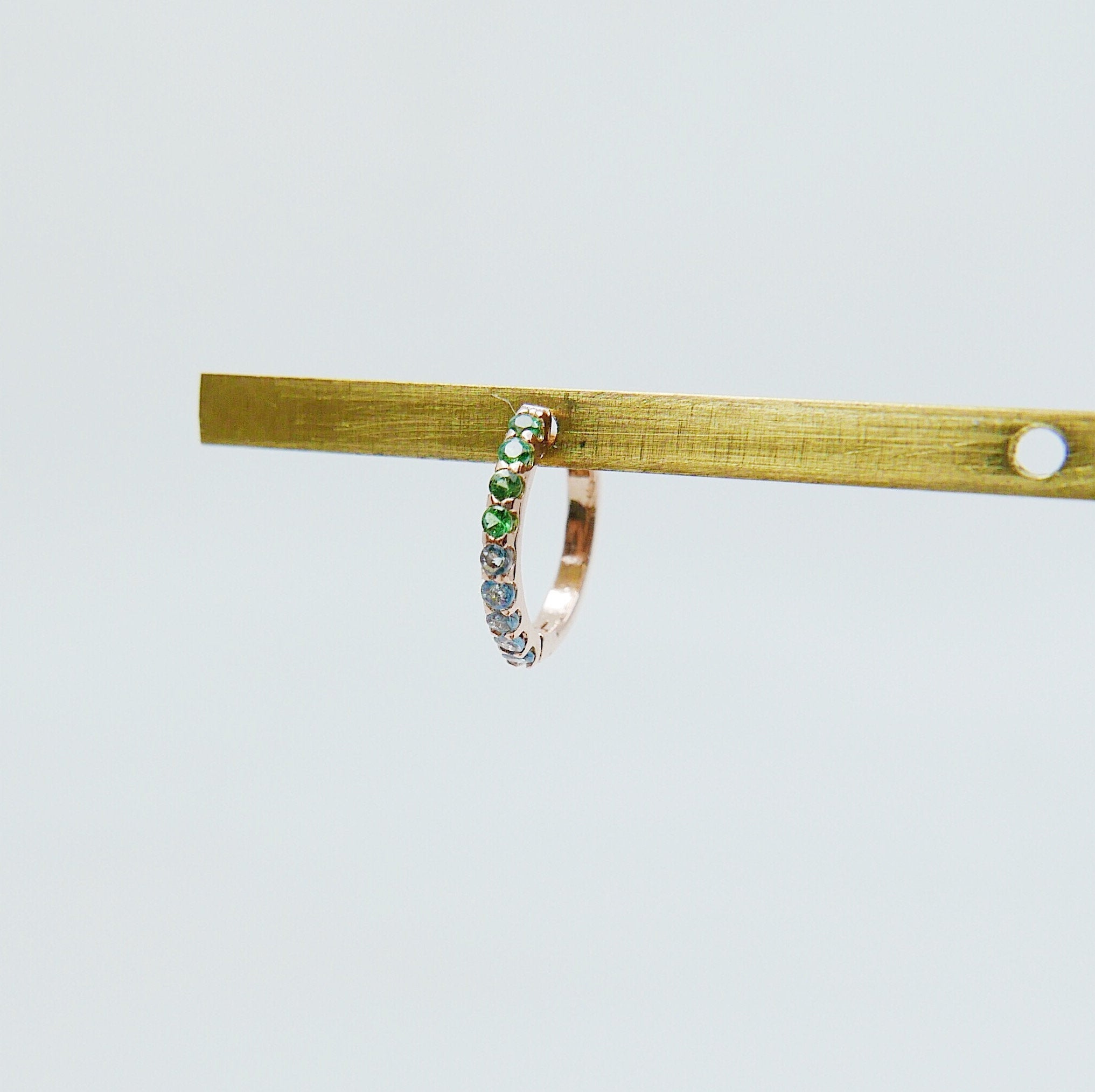 Mini Bi-Color Hoop Earring, Tsavorite and Aquamarine Hoop Earring, Green and Blue Hoop Earring, Bi-Color Hoop Earring