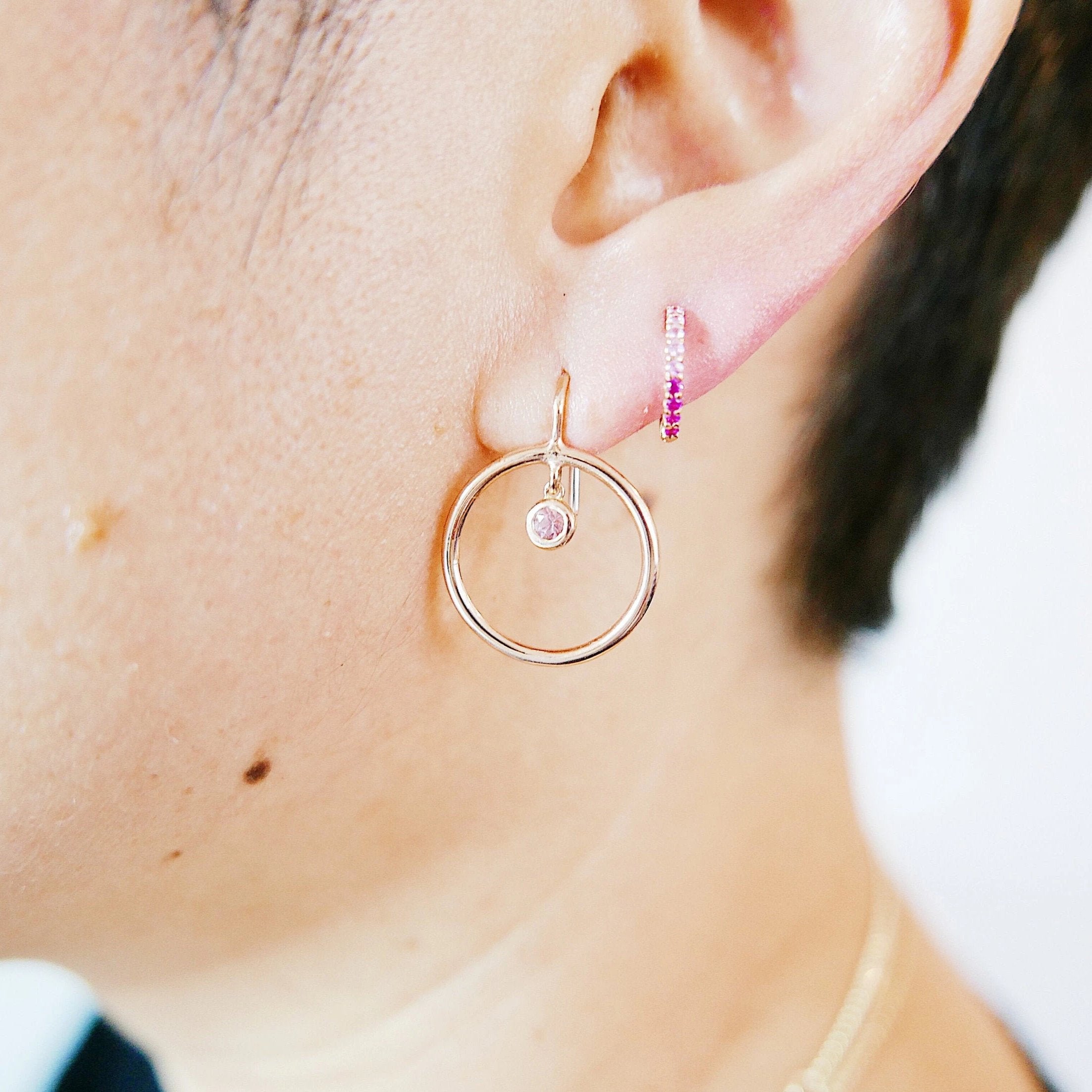 Open Hoop Pink Tourmaline Earring, Open Hoop 14k Gold Earring, Tourmaline Hoop, Fish Hook Open Hoop Earring