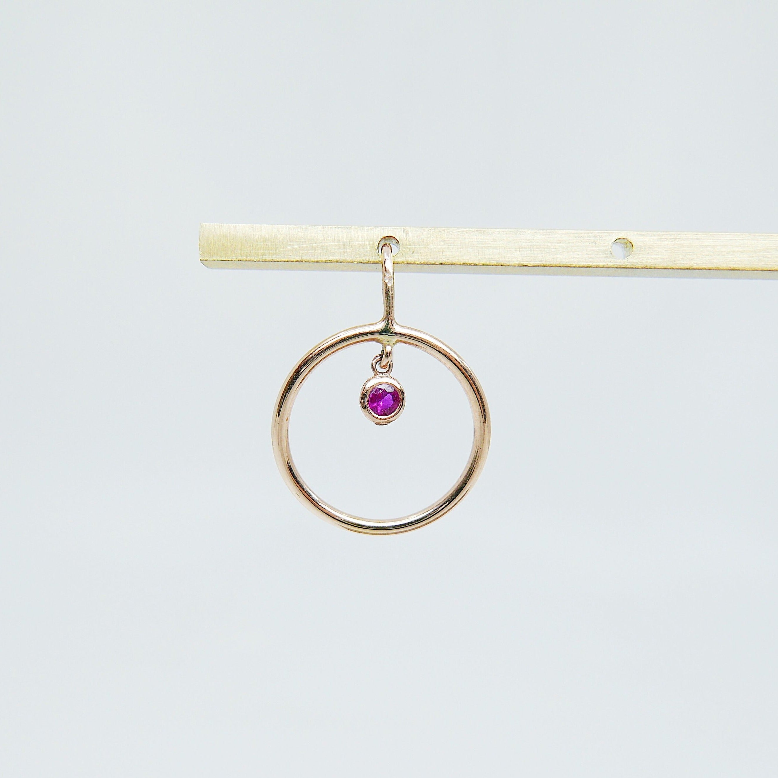 Open Hoop Ruby Earring, Open Hoop 14k Gold Earring, Ruby Hoop, Fish Hook Open Hoop Earring