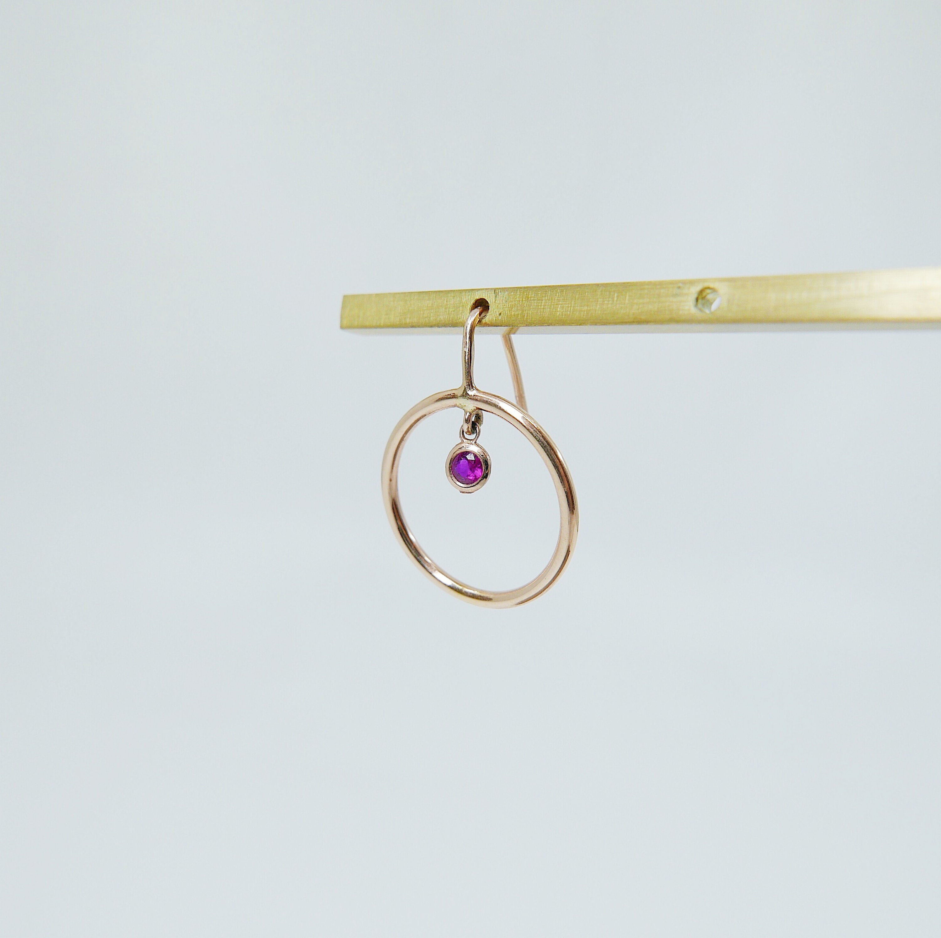 Open Hoop Ruby Earring, Open Hoop 14k Gold Earring, Ruby Hoop, Fish Hook Open Hoop Earring