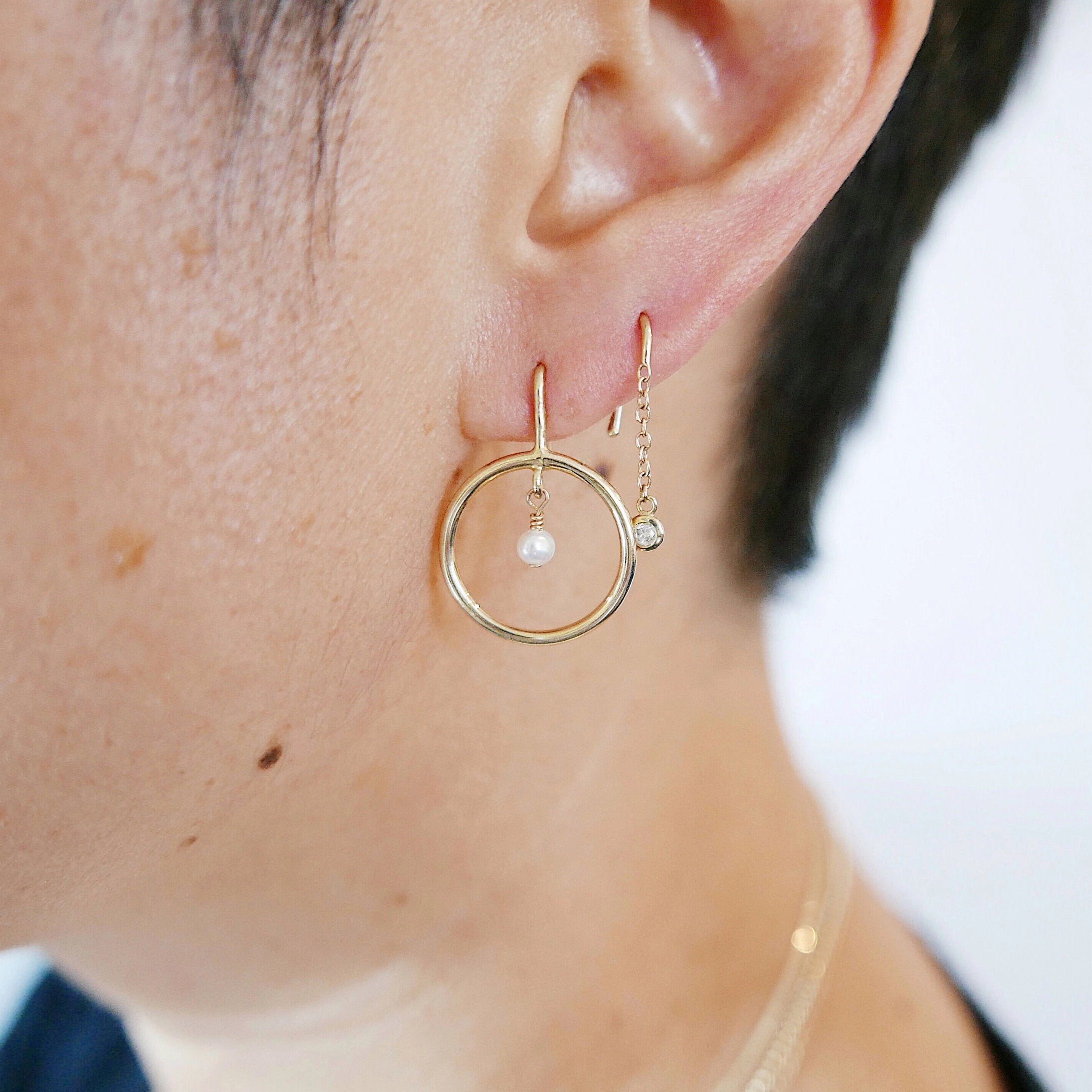 Open Hoop Pearl Earring, Open Hoop 14k Gold Earring, Pearl Hoop, Fish Hook Open Hoop Earring