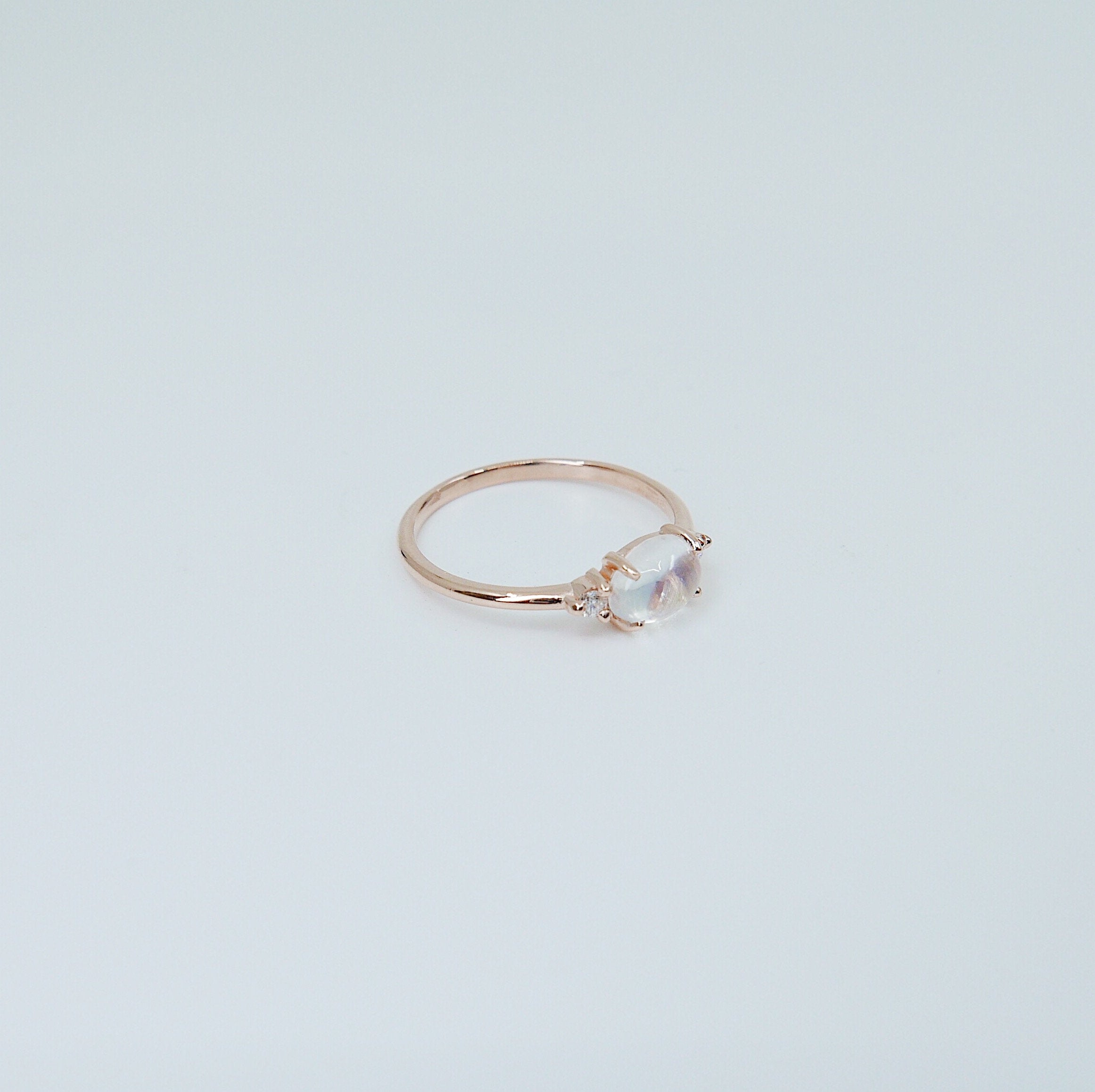 Oval Moonstone Ring 2.0, three stone ring, moonstone and diamond ring, 14k gold moonstone ring, east west ring