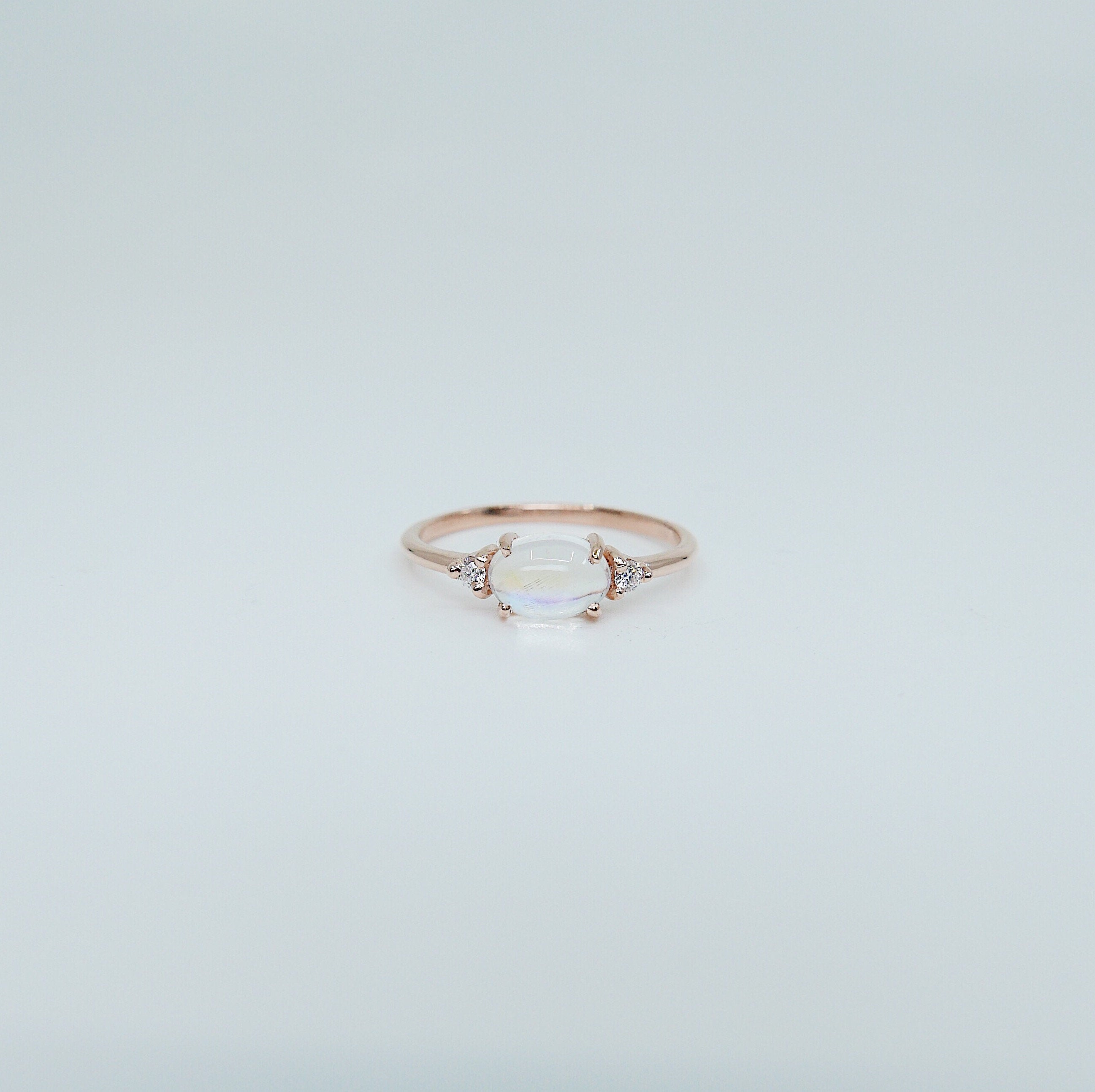 Oval Moonstone Ring 2.0, three stone ring, moonstone and diamond ring, 14k gold moonstone ring, east west ring