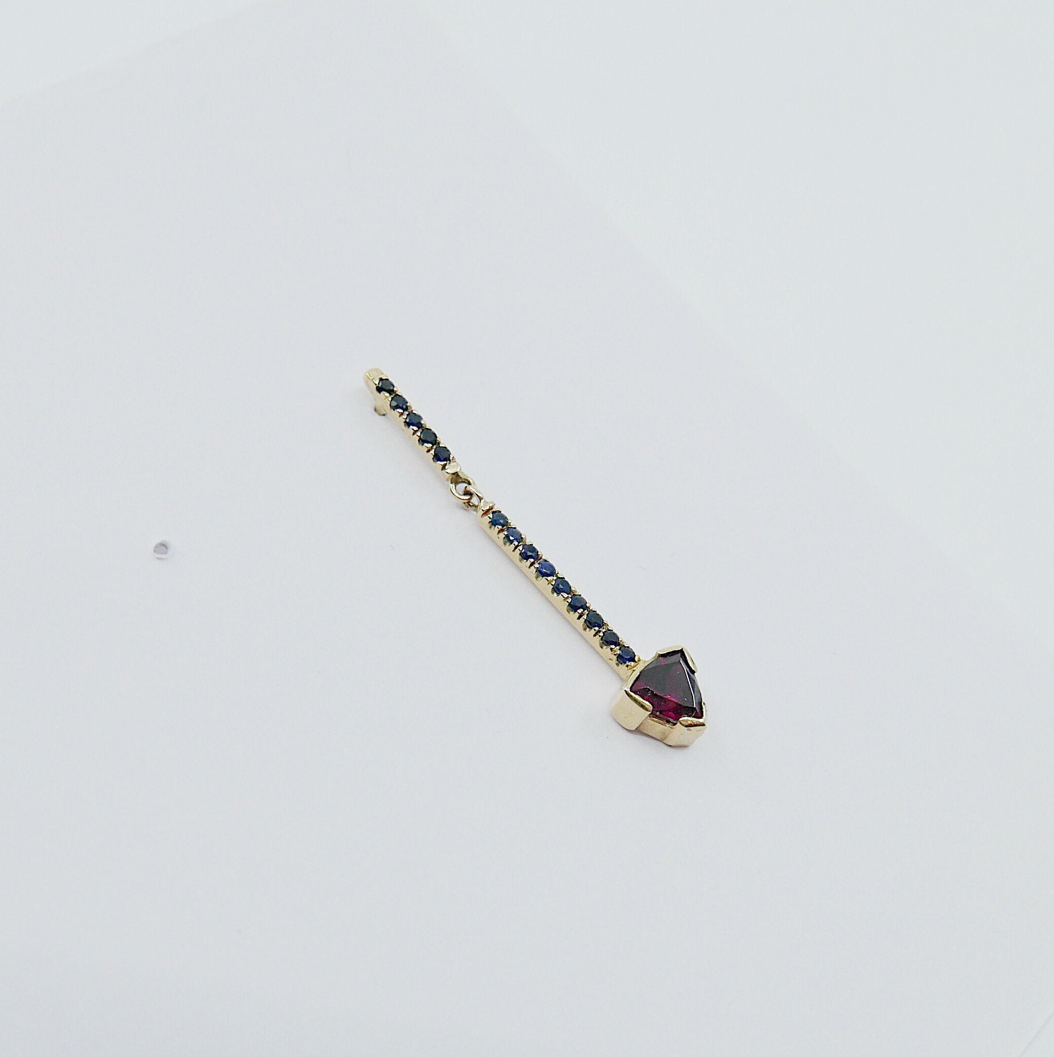 Sticks and Stones Trillion Duo Earring, 14k Gold Rhodolite Garnet Bar Earring, 14k Gold Sapphire Dangle Earring