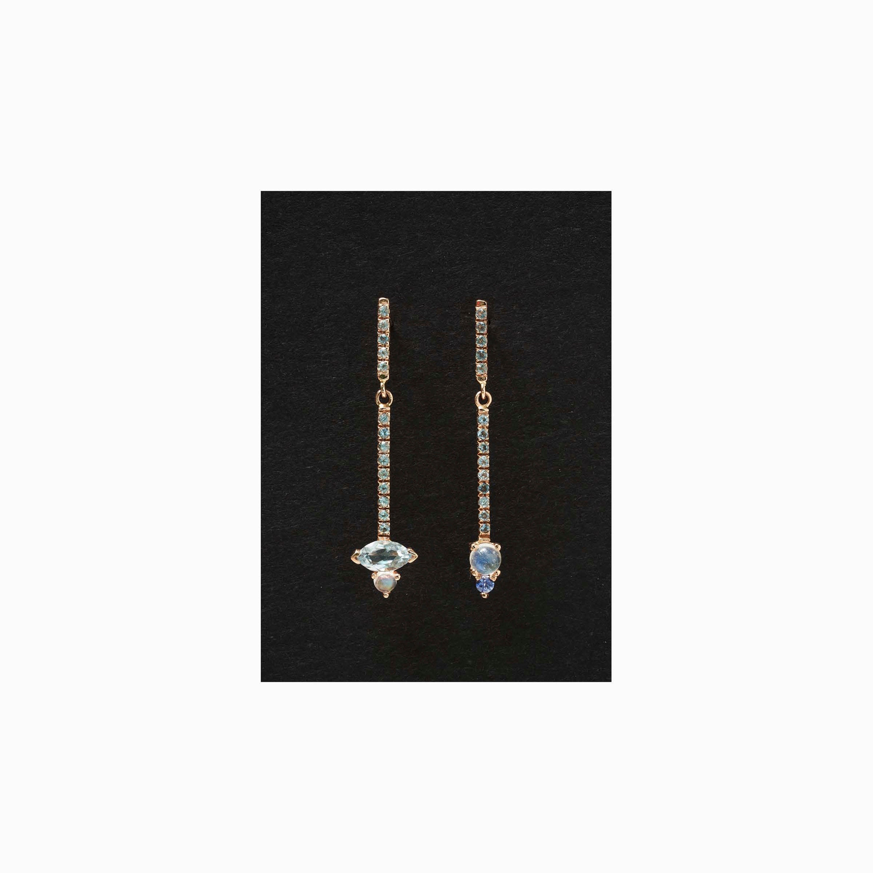 Sticks and Stones Round Duo Earring, 14k Gold Moonstone and Iolite Bar Earring, 14k Gold Aquamarine Dangle Earring